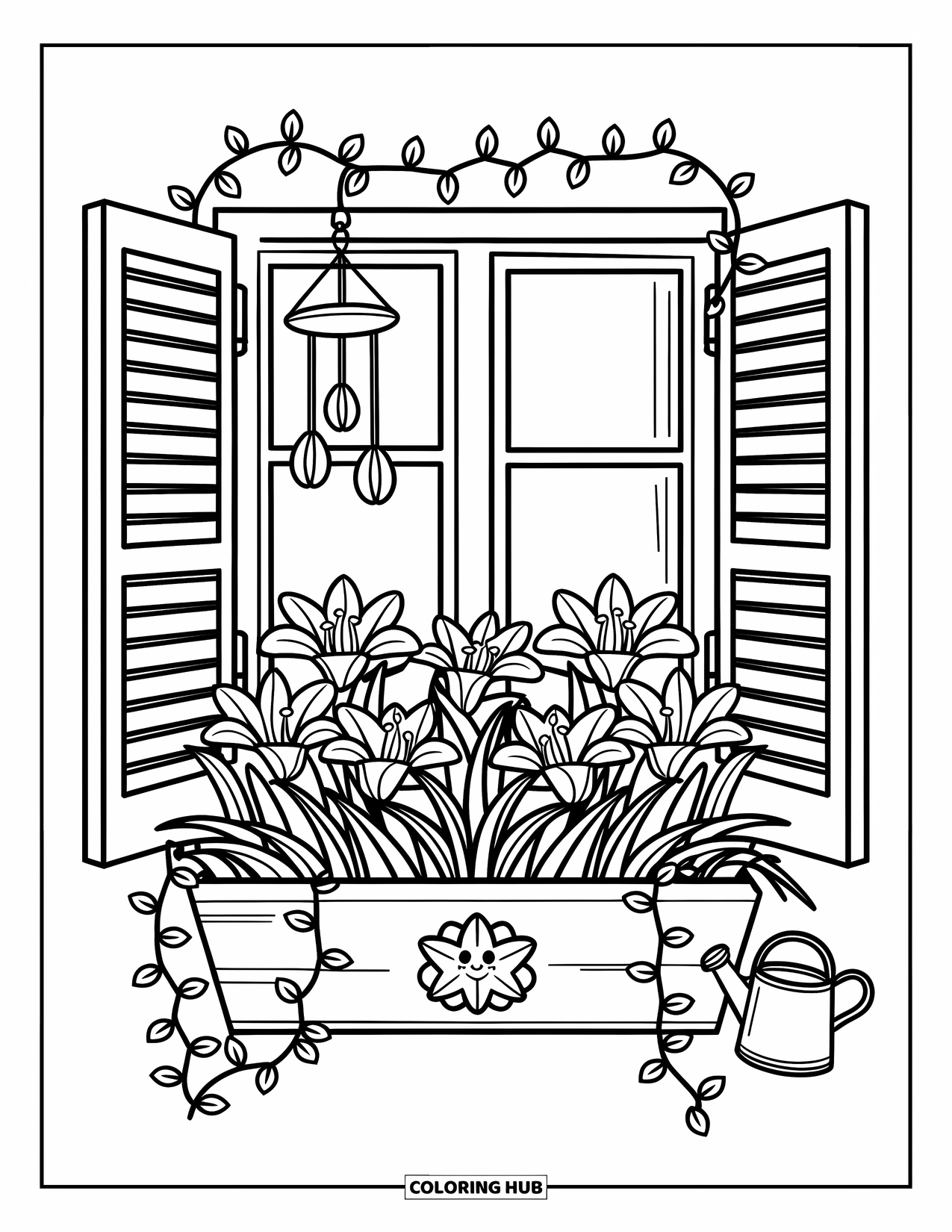 Lily Coloring Page for Adults: A striped-shuttered window holds a flower box full of lilies and climbing vines