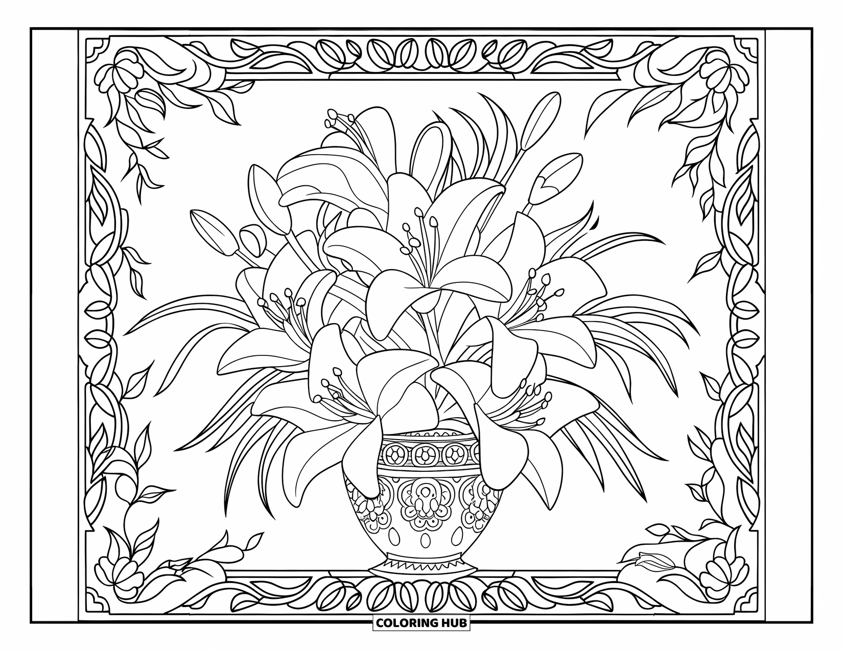 Lily Coloring Page for Adults: A vintage vase holds a lily bouquet framed by leaves and floral borders