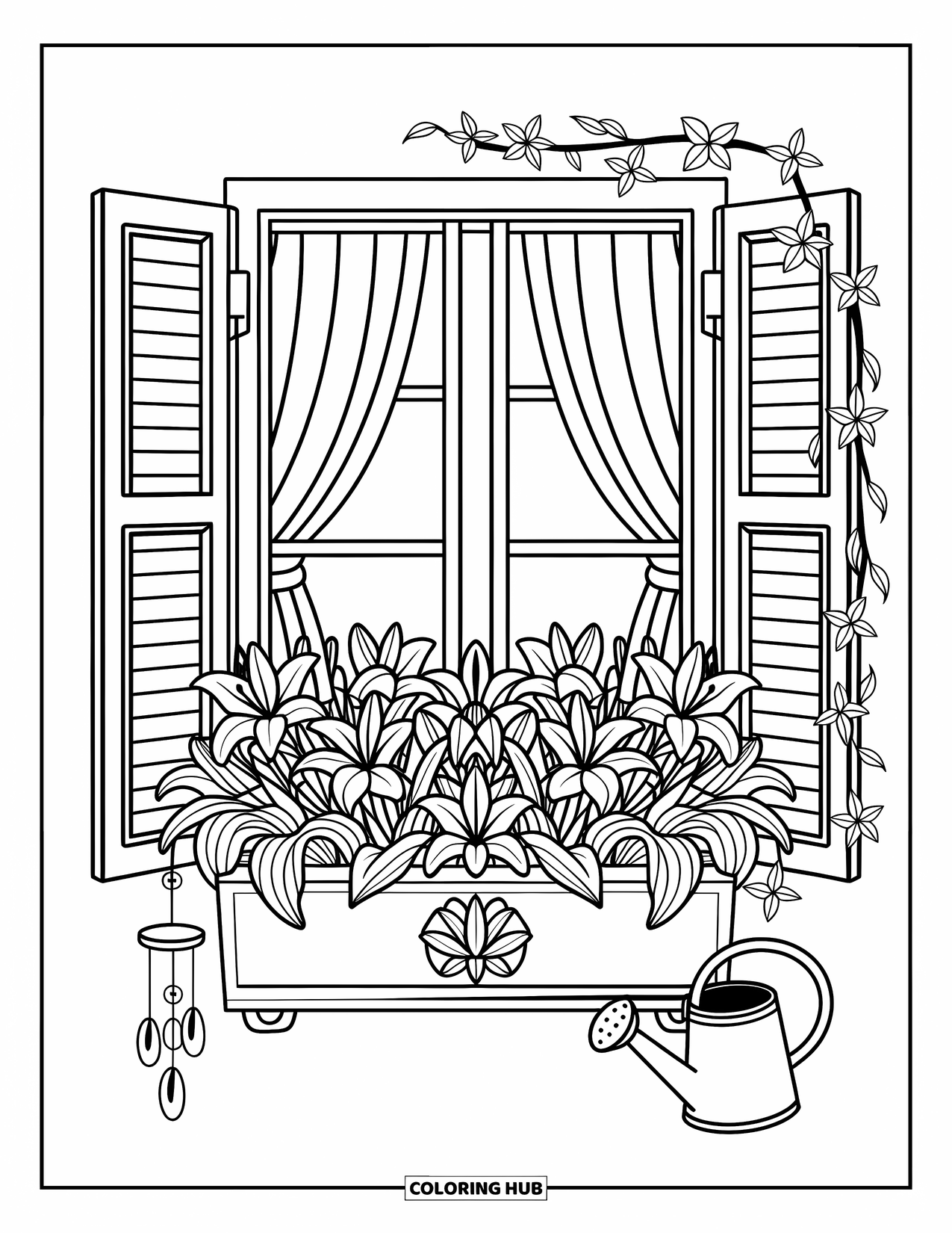 Lily Coloring Page for Adults: A windowsill flower box bursts with lilies, vines, and a wind chime in the corner