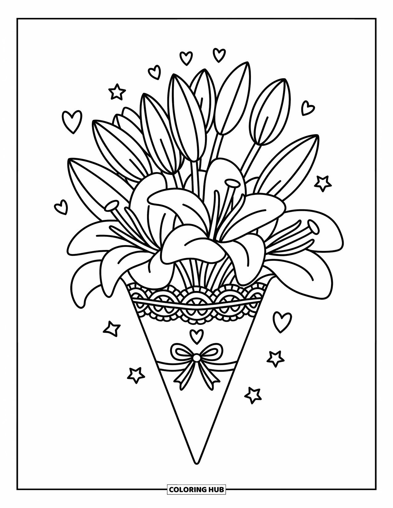Lily Coloring Page for Adults: A wrapped bouquet of lilies peeks from a cone with lace patterns and a tiny bow