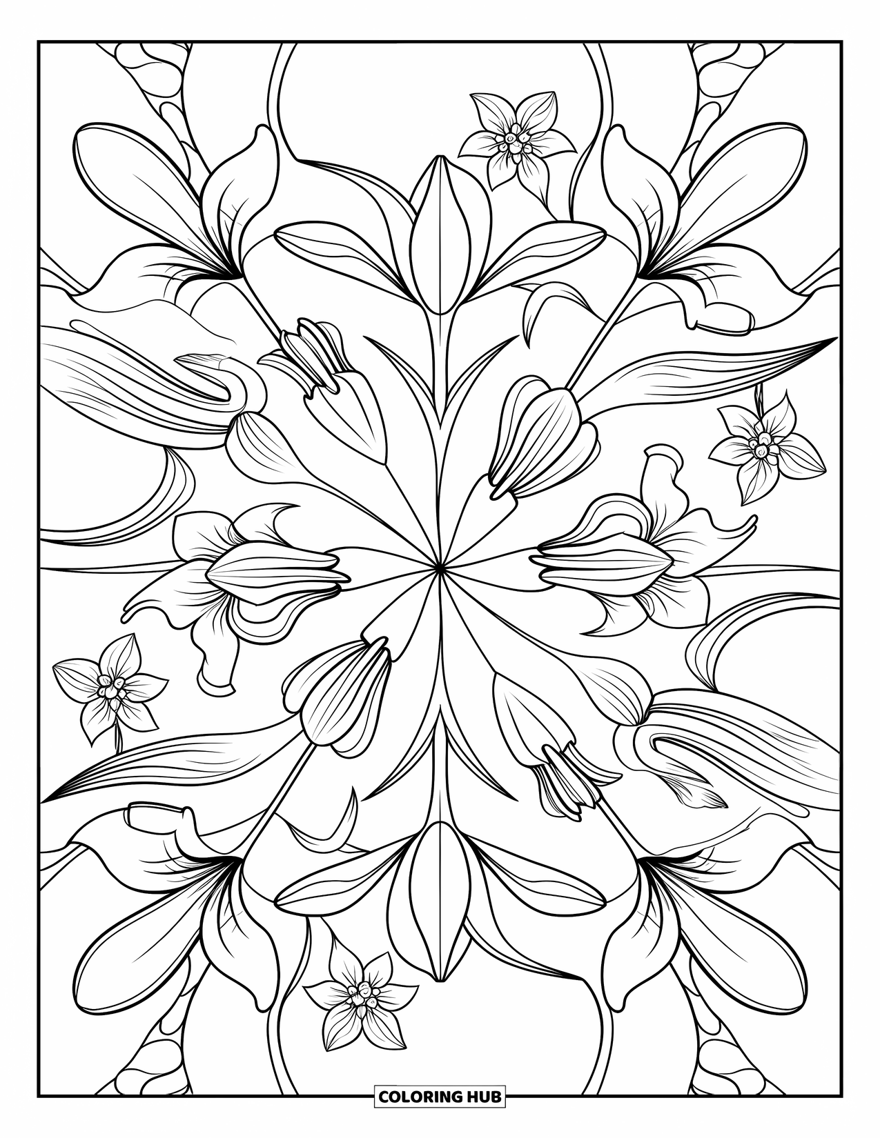 Lily Coloring Page for Adults: Large and small lilies swirl outward in a spiral floral pattern