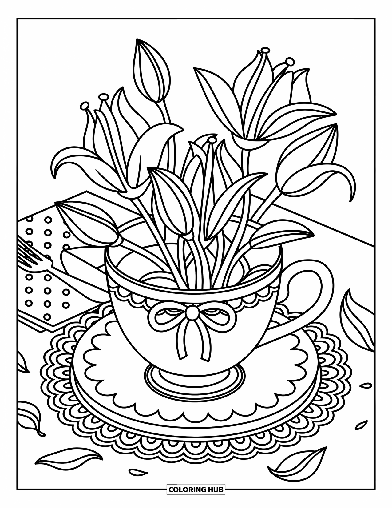Lily Coloring Page for Adults: Lilies bloom from a ribboned teacup surrounded by napkins, petals, and cozy doodles