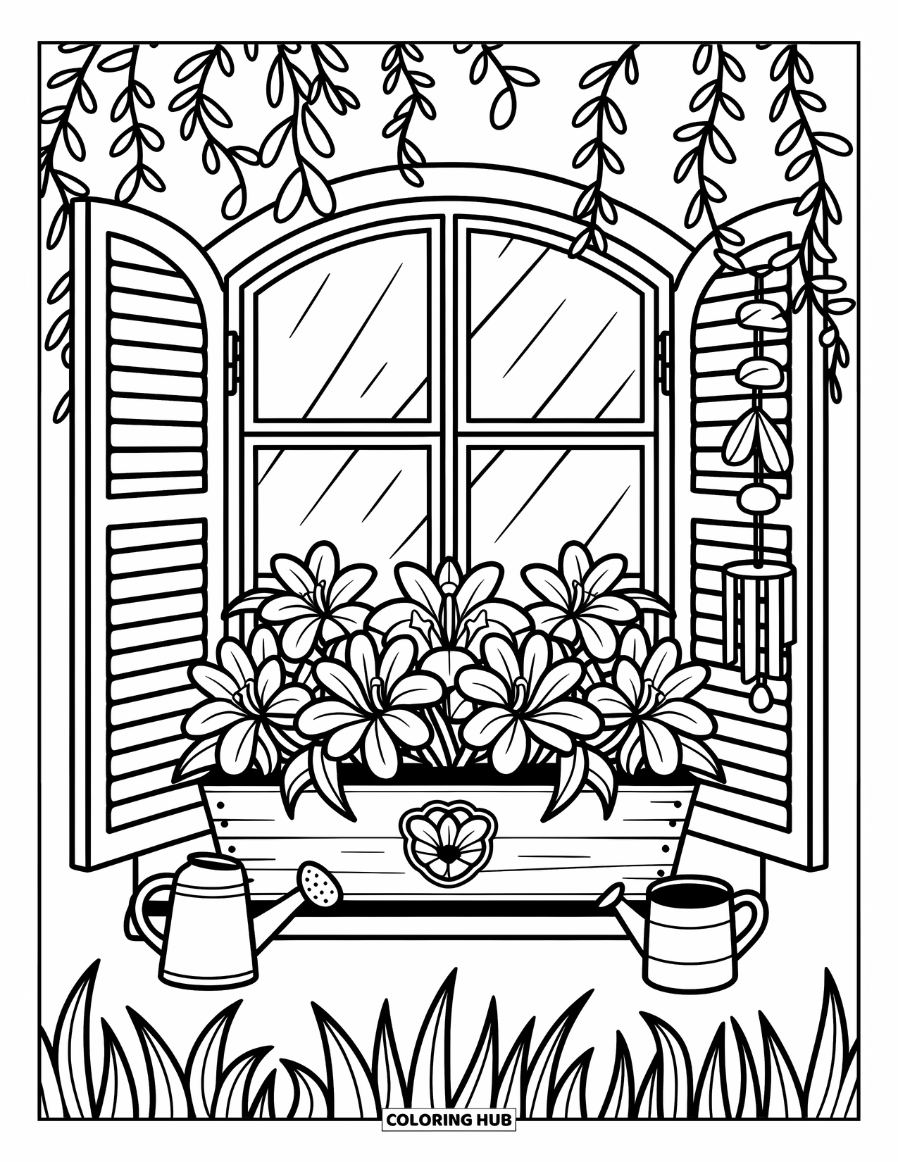 Lily Coloring Page for Adults: Lilies bloom in a flower box beneath a cozy window with a watering can nearby