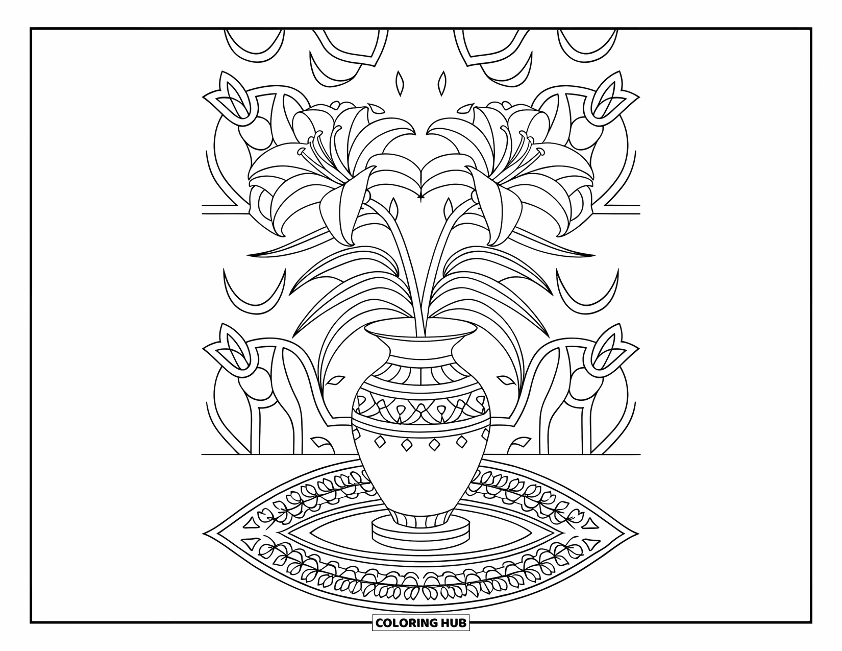 Lily Coloring Page for Adults: Lilies in a fancy vase rest on a rug with a leafy floral background