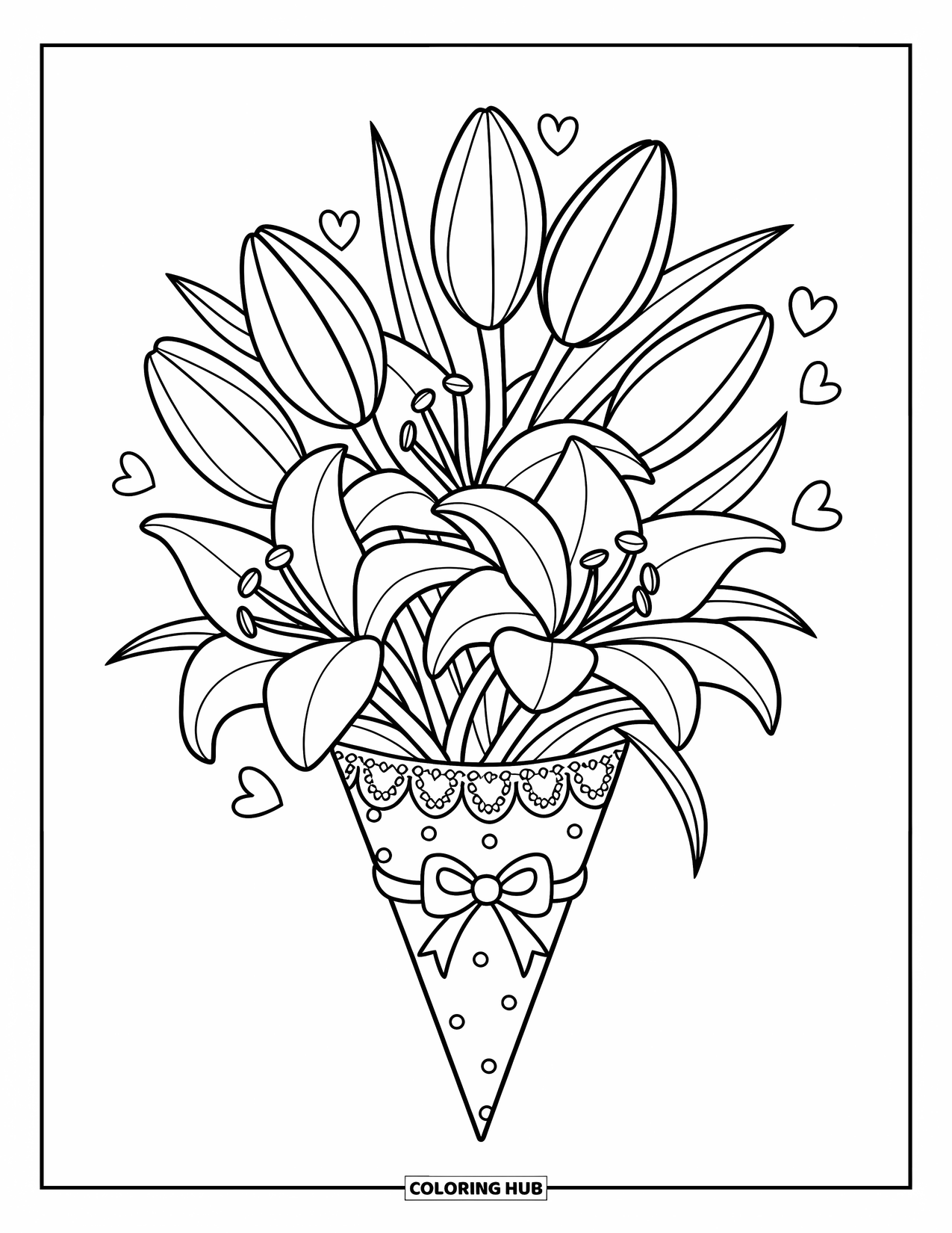 Lily Coloring Page for Adults: Lilies in bloom fill a cone wrap with scattered hearts and cozy details