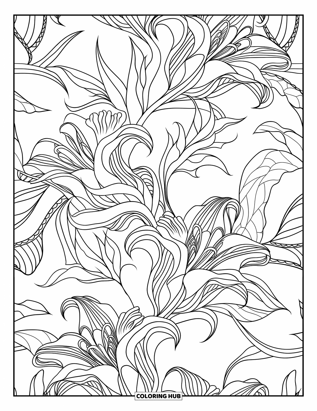 Lily Coloring Page for Adults: Lilies, vines, and leaves form an elegant seamless pattern with bold outlines
