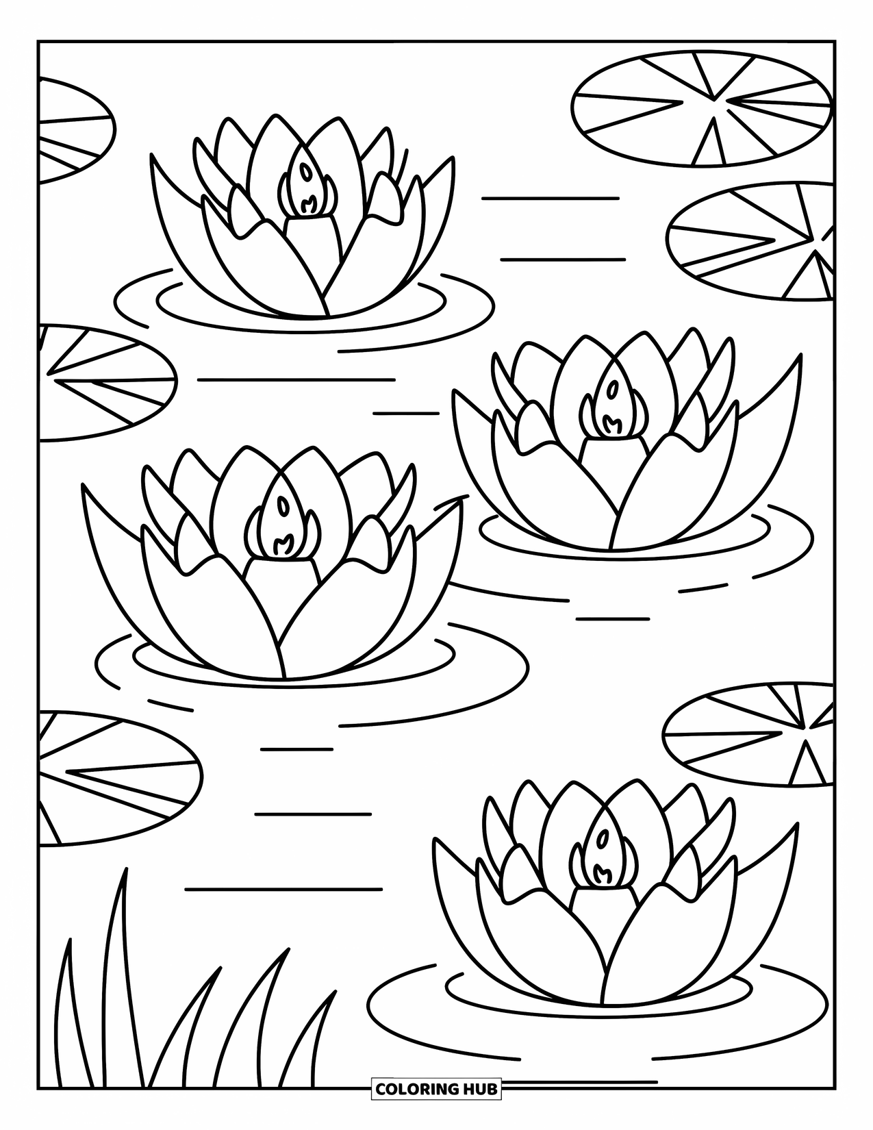 Lily Coloring Page for Adults: Lily lanterns float on a peaceful pond surrounded by rippling water and lily pads