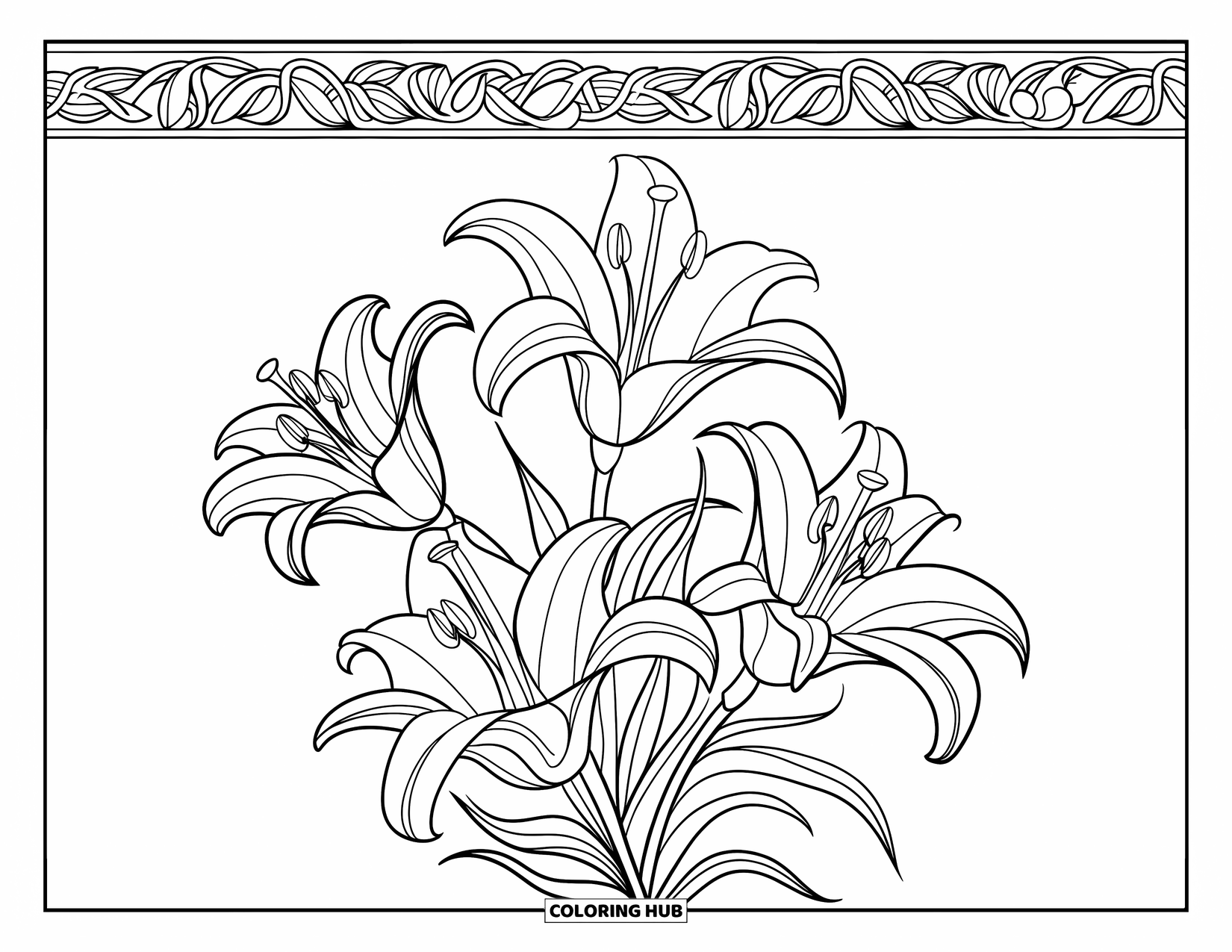 Lily Coloring Page for Adults: Three lilies with long stems bloom among decorative flourishes and leafy borders