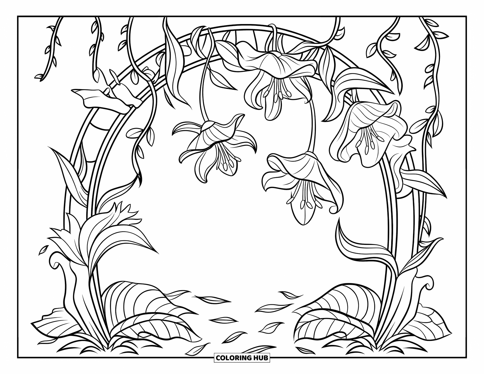 Lily Coloring Page for Kids: A bold lily arch is wrapped in hanging vines and leafy details