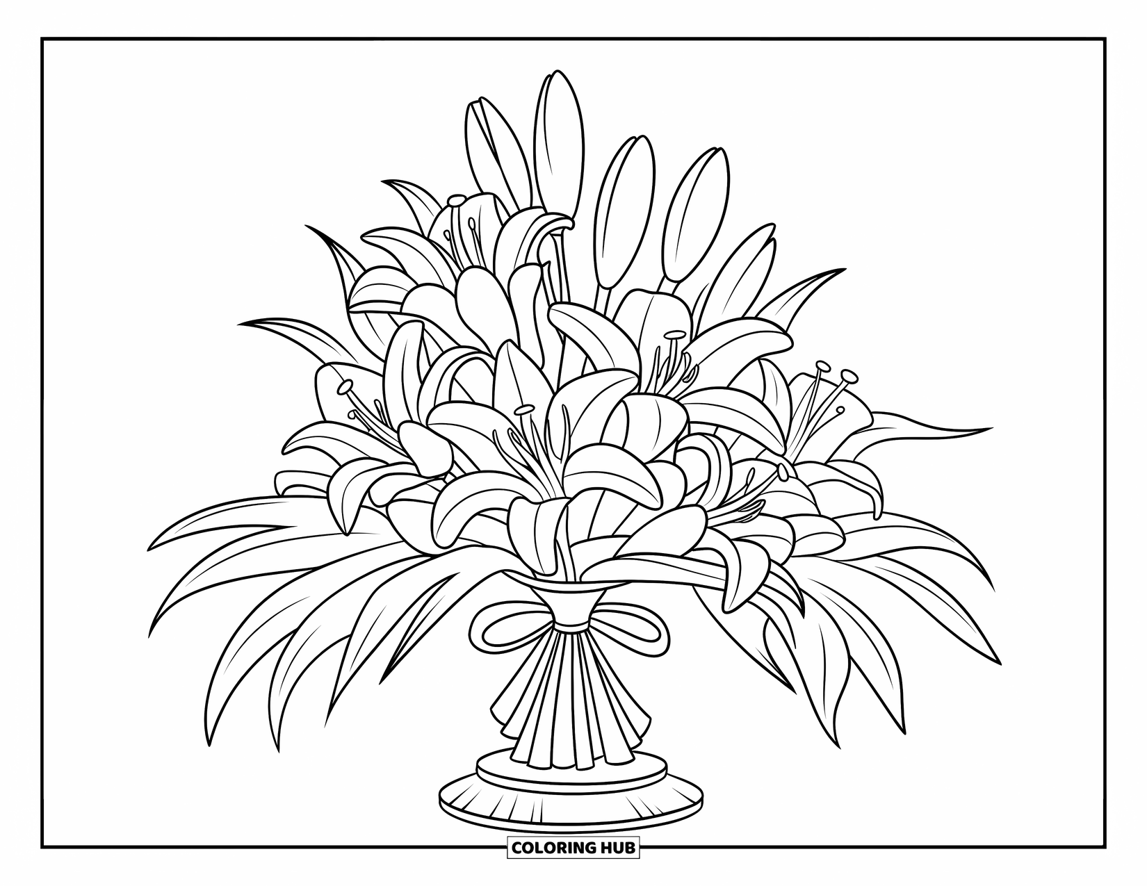 Lily Coloring Page for Kids: A bouquet of lilies tied with a ribbon sits on a wooden stand