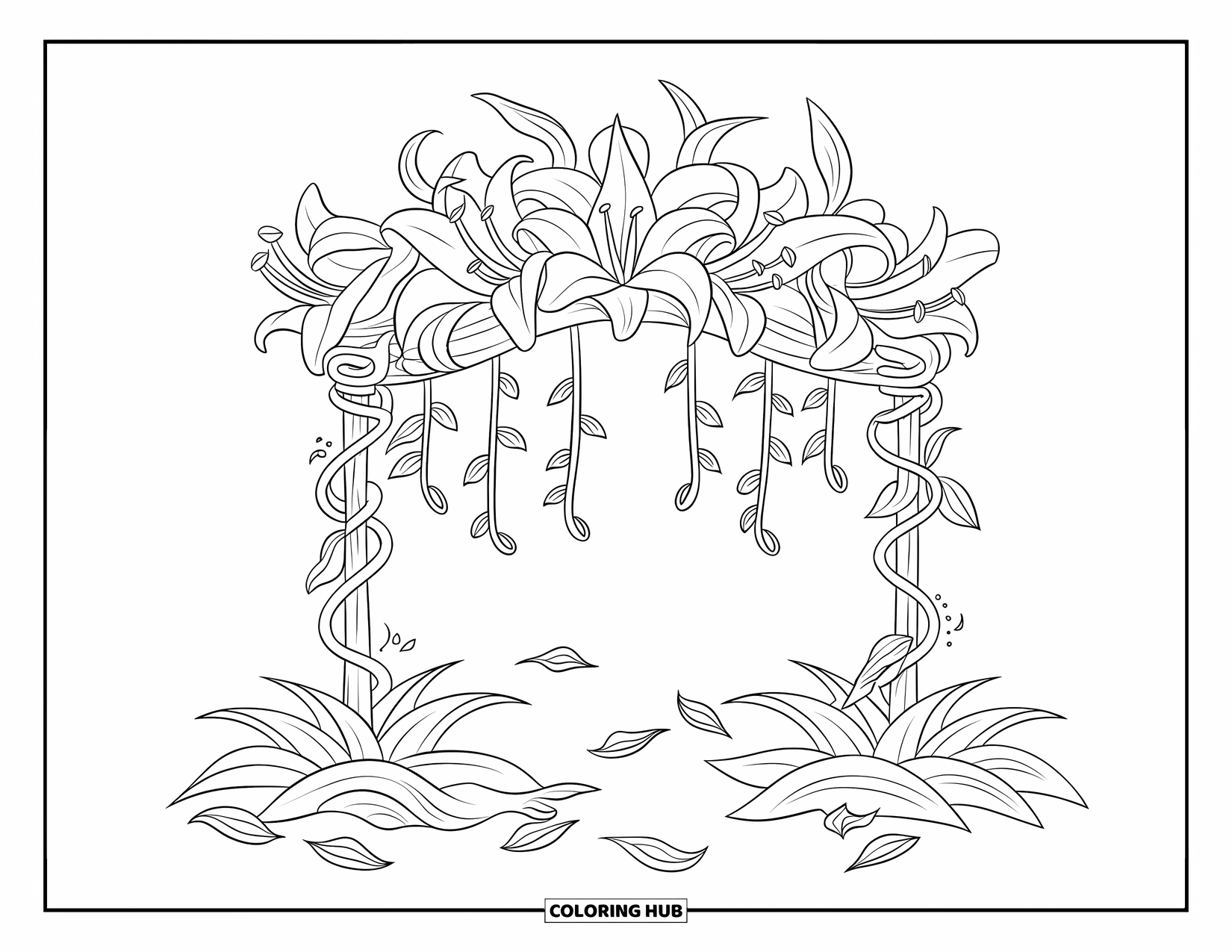 Lily Coloring Page for Kids: A lily archway is decorated with vines and scattered leaves