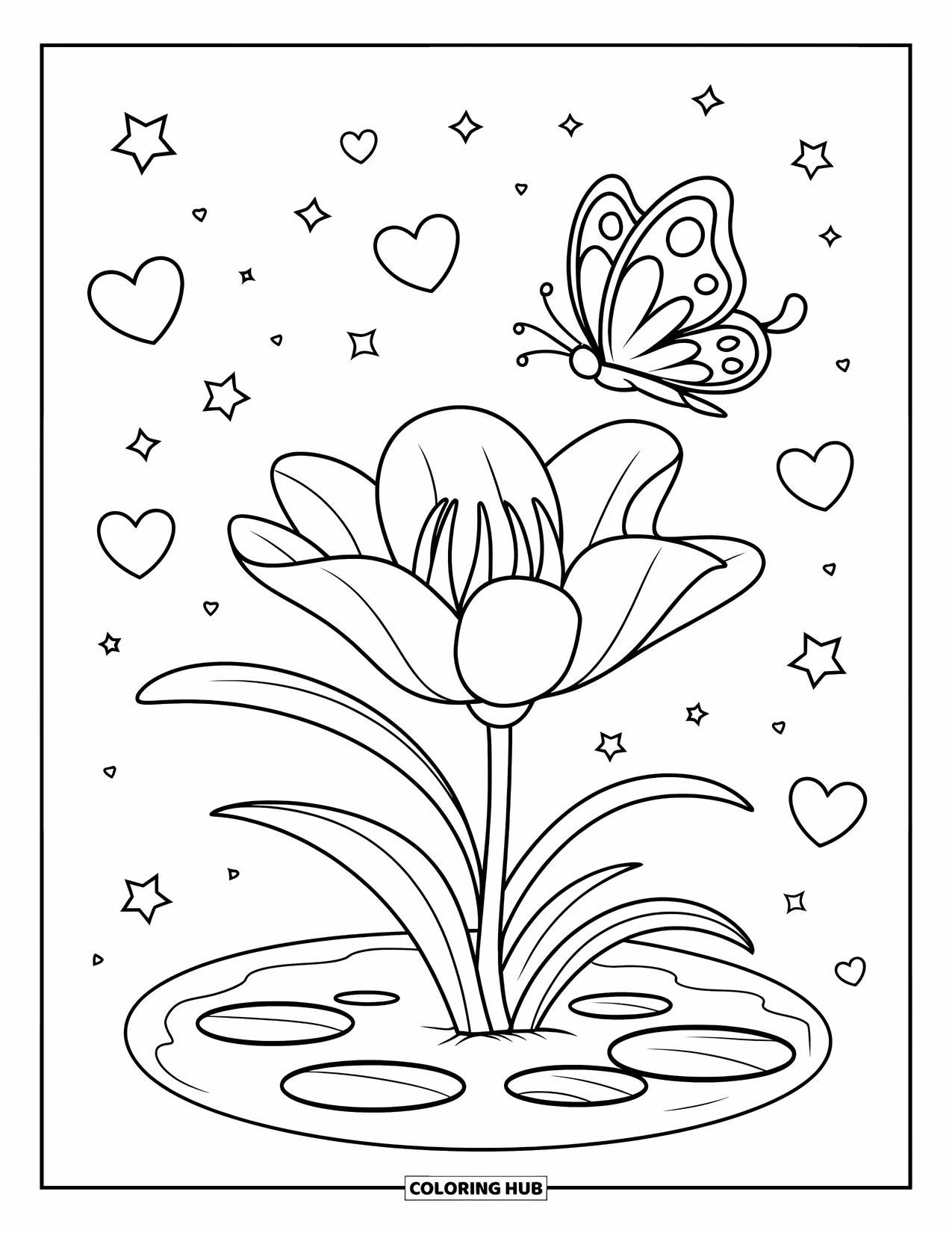 Lily Coloring Page for Kids: A lily blooms in a pond as a butterfly flutters nearby