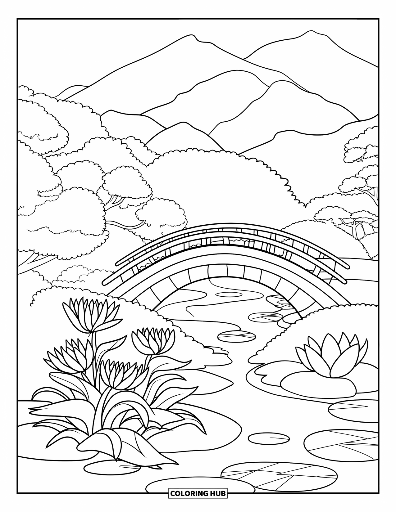 Lily Coloring Page for Kids: A lily garden blooms beside a Japanese-style bridge and stream