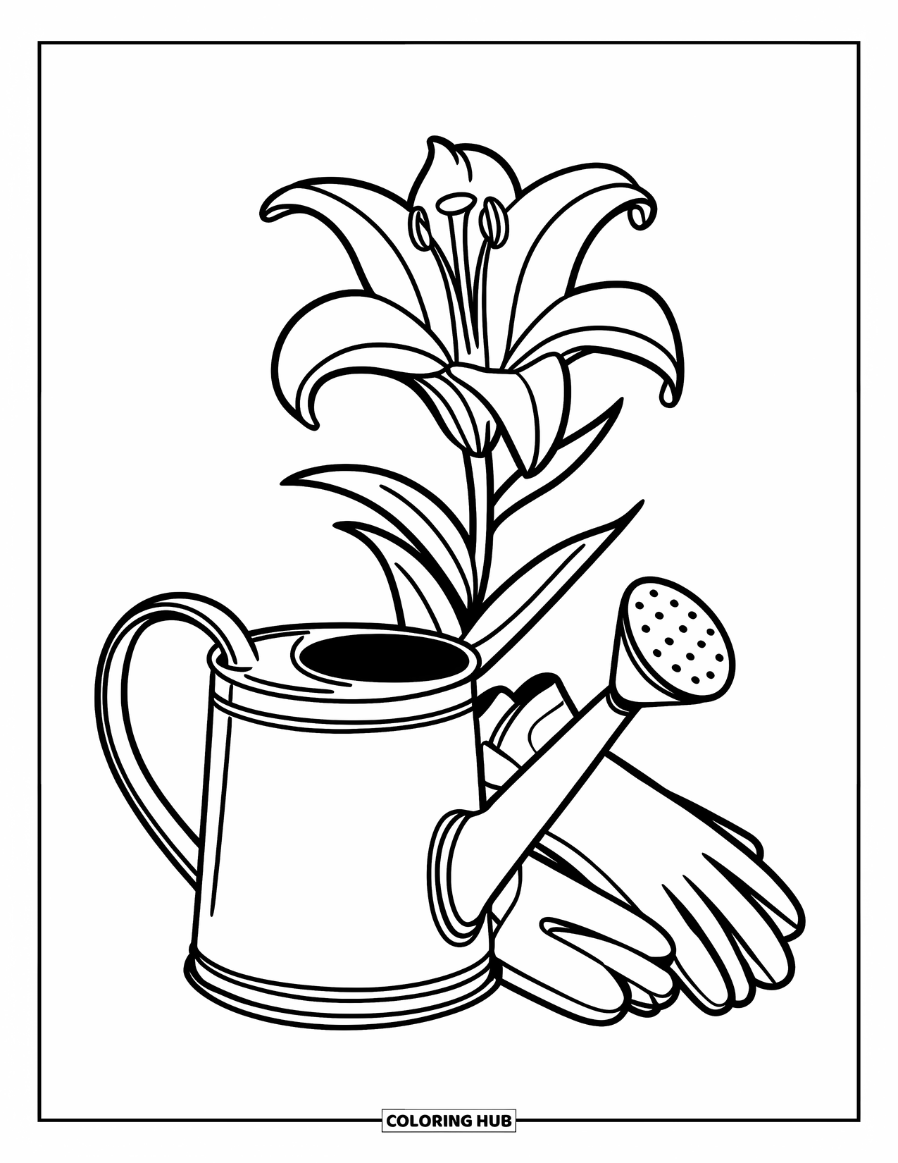 Lily Coloring Page for Kids: A lily, garden gloves, and watering can sit side by side