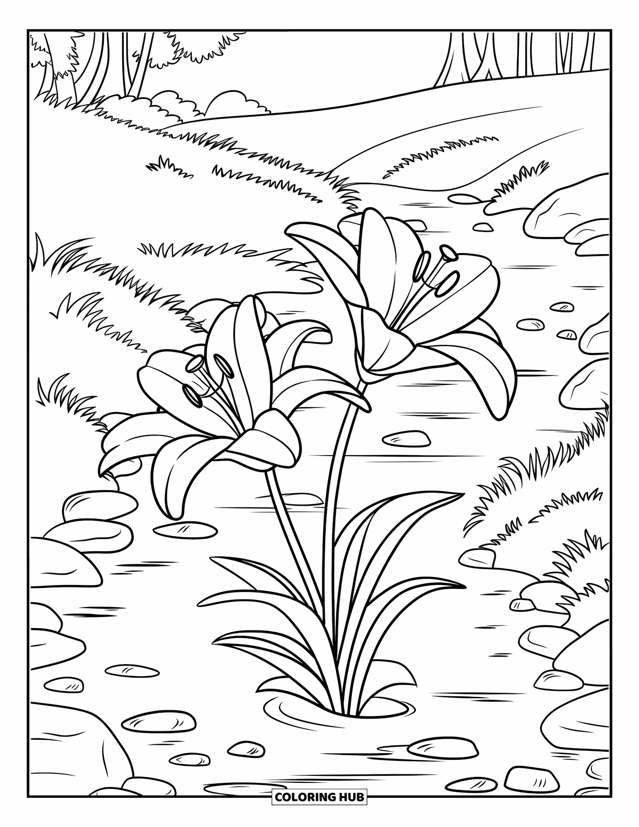 Lily Coloring Page for Kids: A pair of lilies bloom near a stream surrounded by hills and trees