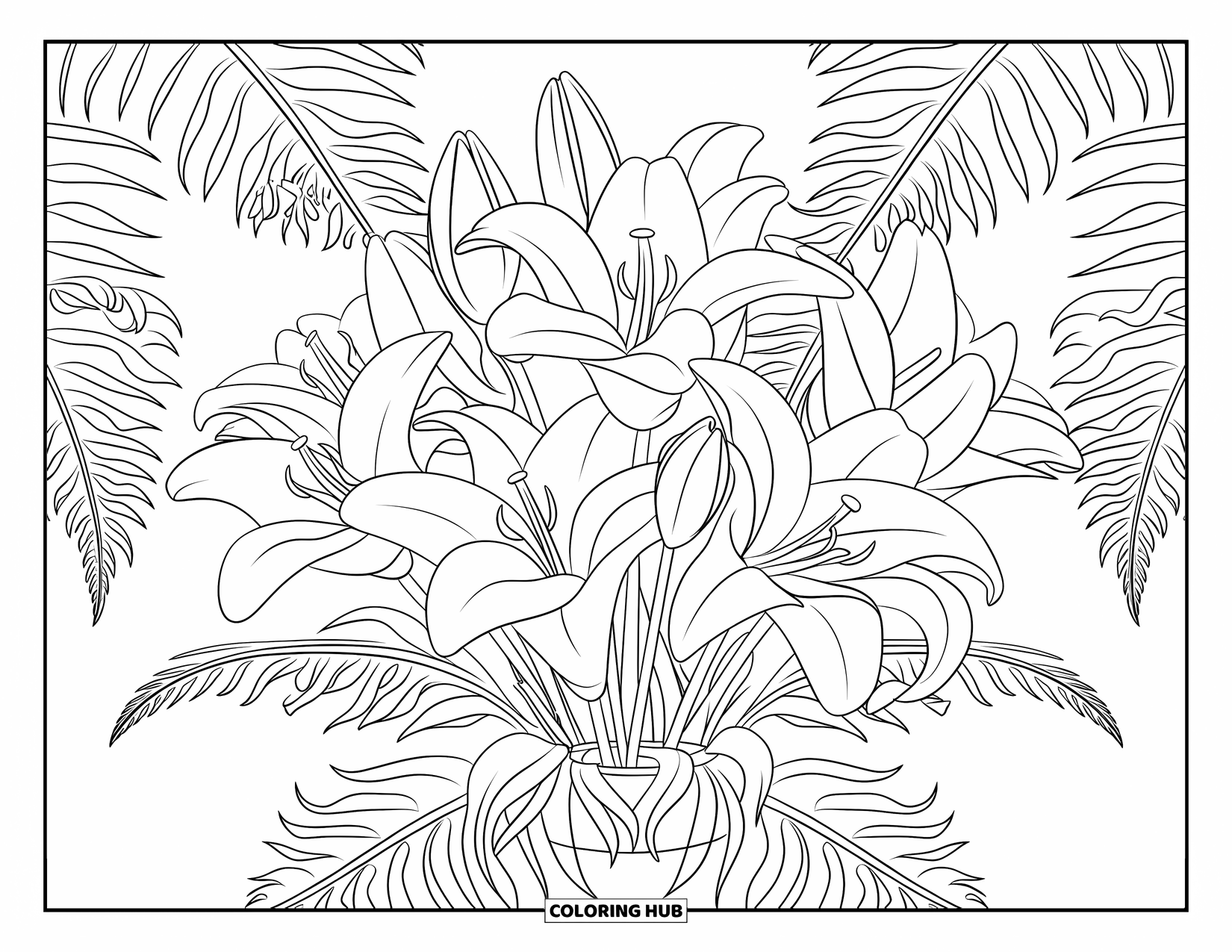 Lily Coloring Page for Kids: A vase holds a bunch of lilies and ferns with clean, bold lines