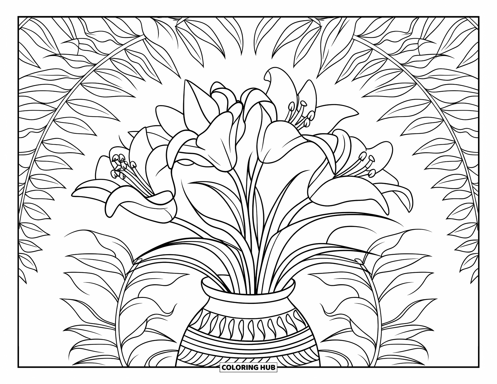 Lily Coloring Page for Kids: Four blooming lilies stand in a patterned vase among fern leaves