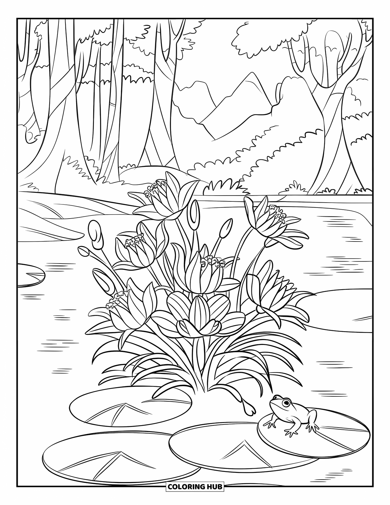 Lily Coloring Page for Kids: Lilies and trees surround a frog sitting by a forest trail