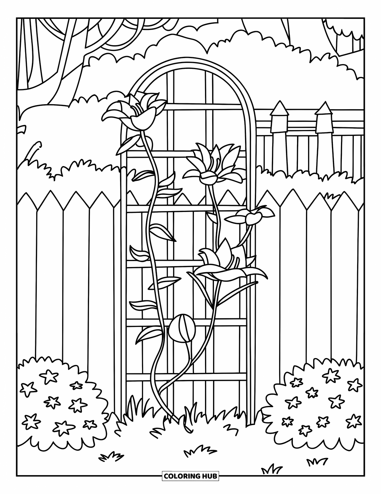 Lily Coloring Page for Kids: Lilies bloom along a trellis near a fence and small flowers