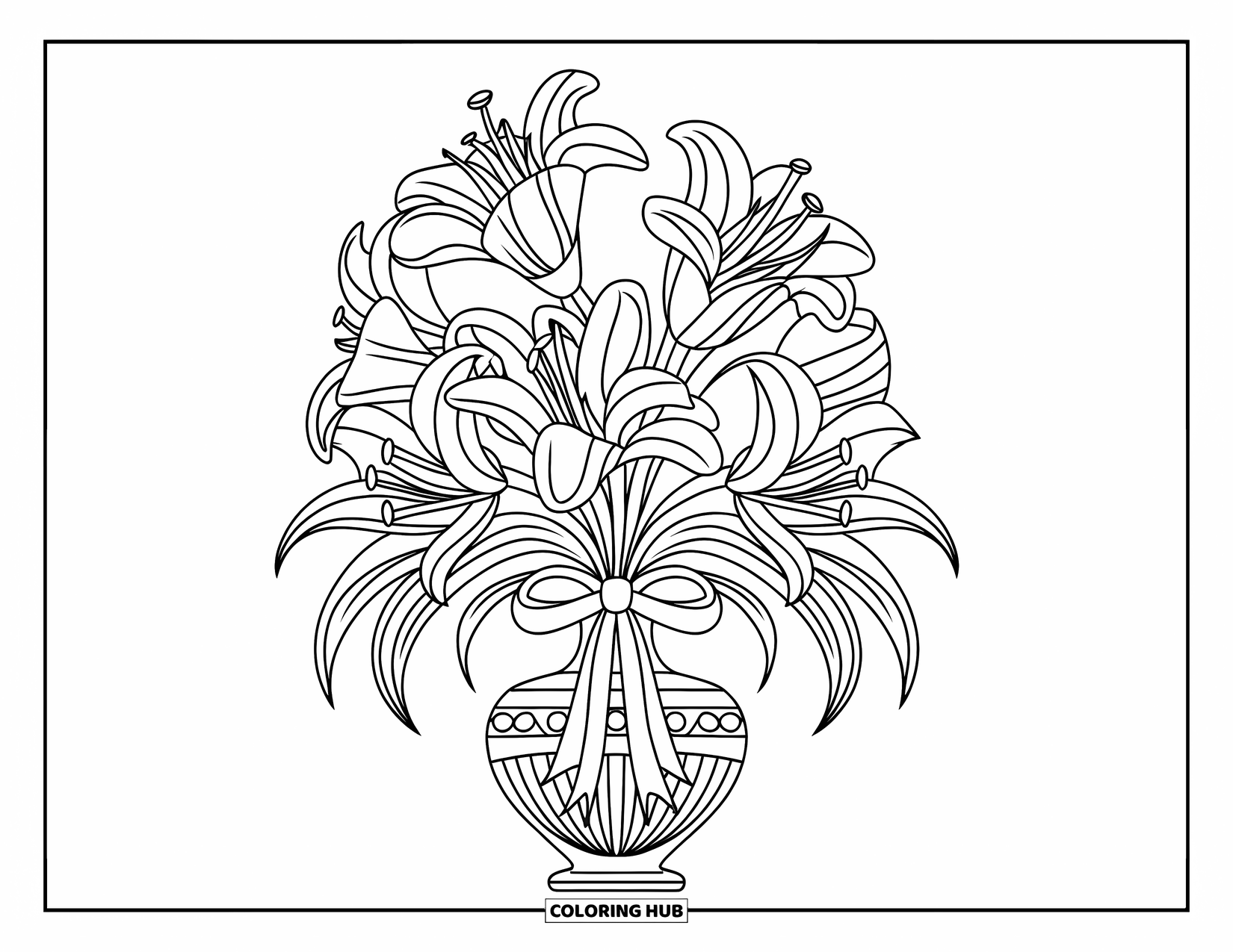 Lily Coloring Page for Kids: Lilies with rounded petals sit in a patterned vase with a ribbon bow
