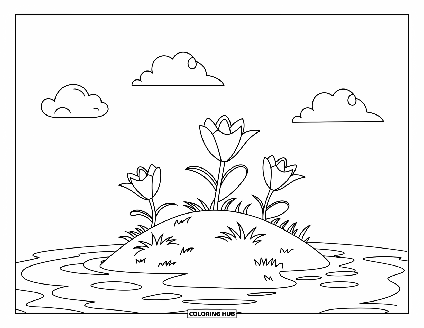 Lily Coloring Page for Kids: Three lilies bloom on a small hill surrounded by calm water