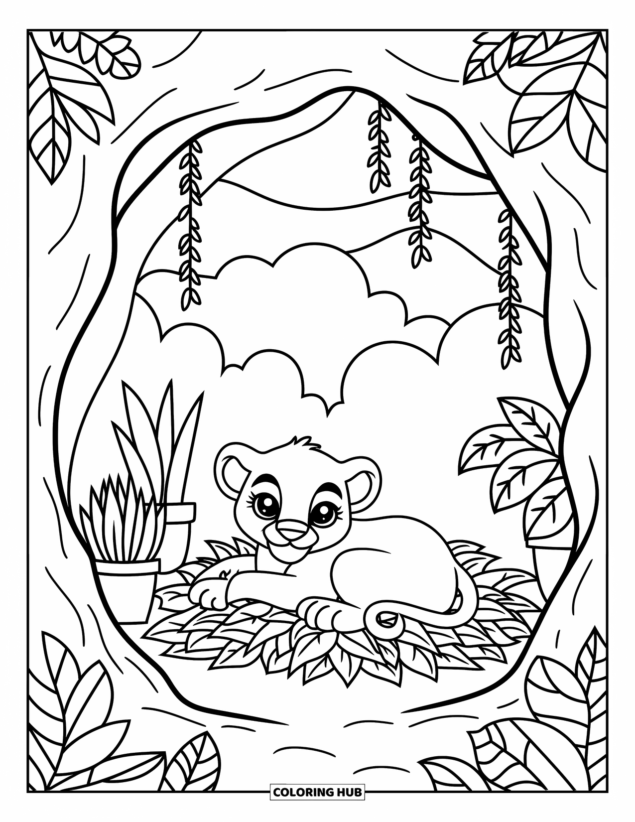 Lion Cub Coloring Page for Adults: A baby cub curls up inside a vine-covered cave with soft jungle leaves