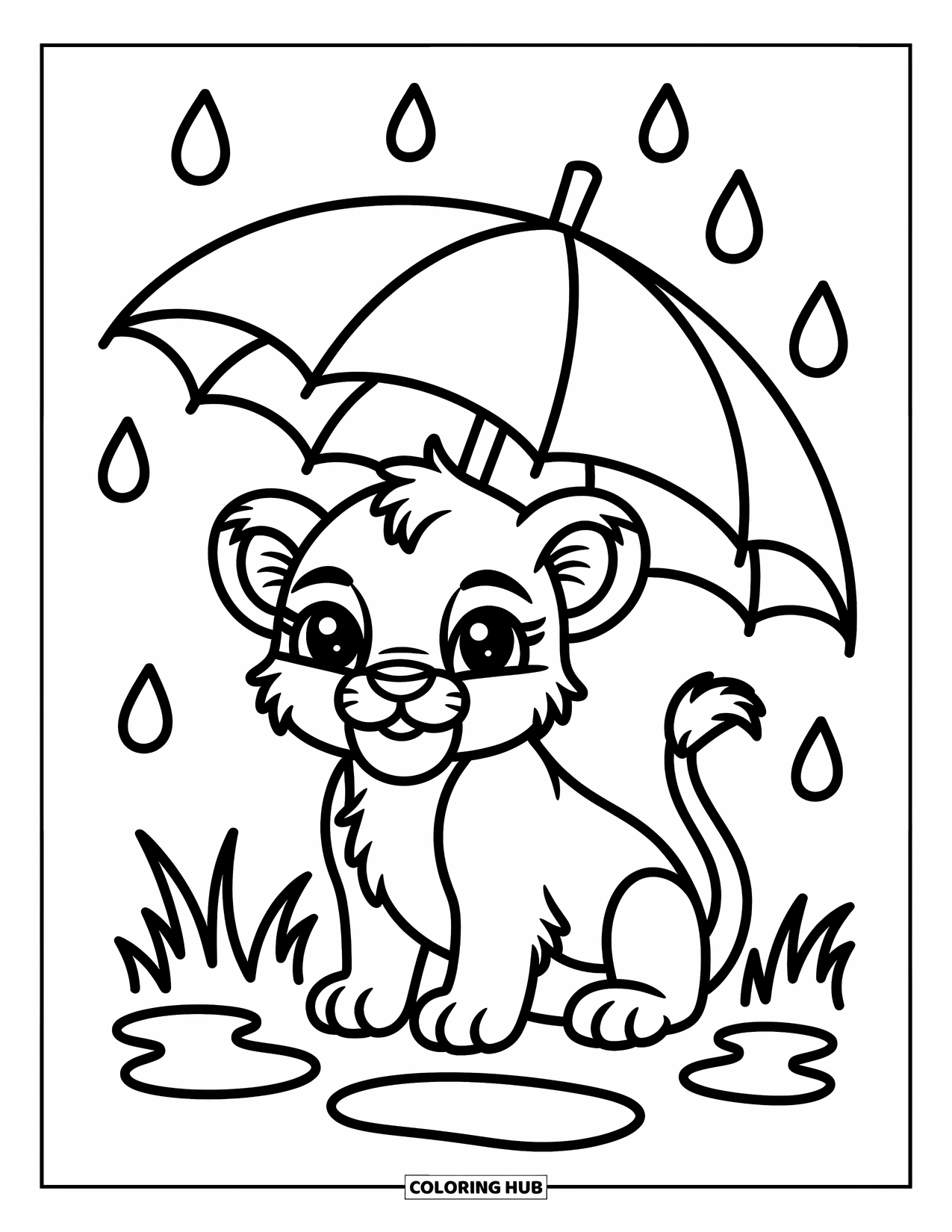 Lion Cub Coloring Page for Adults: A baby lion sits under a leafy umbrella with raindrops and puddles