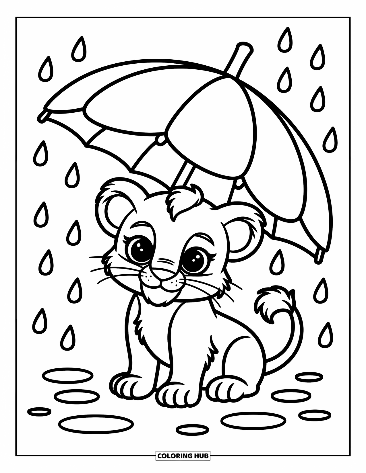 Lion Cub Coloring Page for Adults: A baby lion stays dry under a banana leaf as rain falls around it