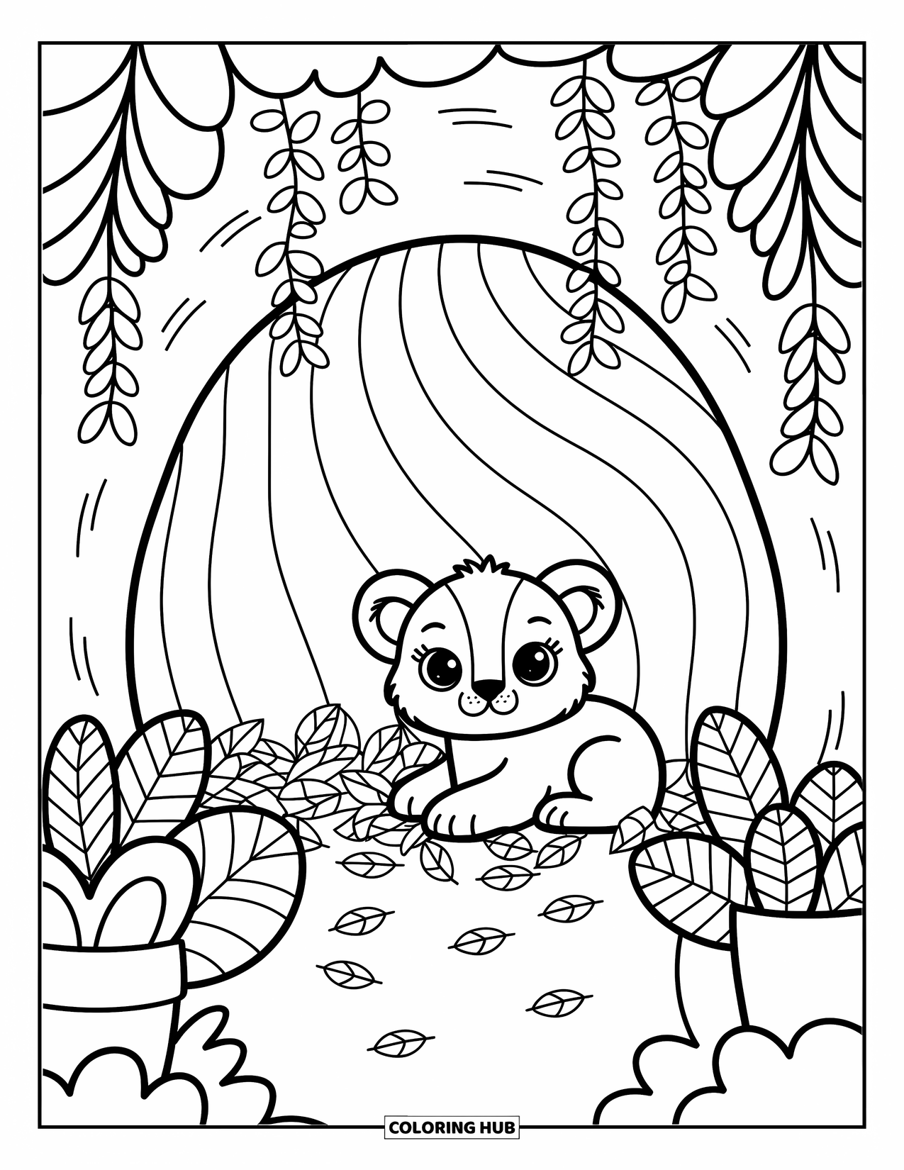 Lion Cub Coloring Page for Adults: A cozy cub naps in a cave surrounded by jungle plants and soft vines