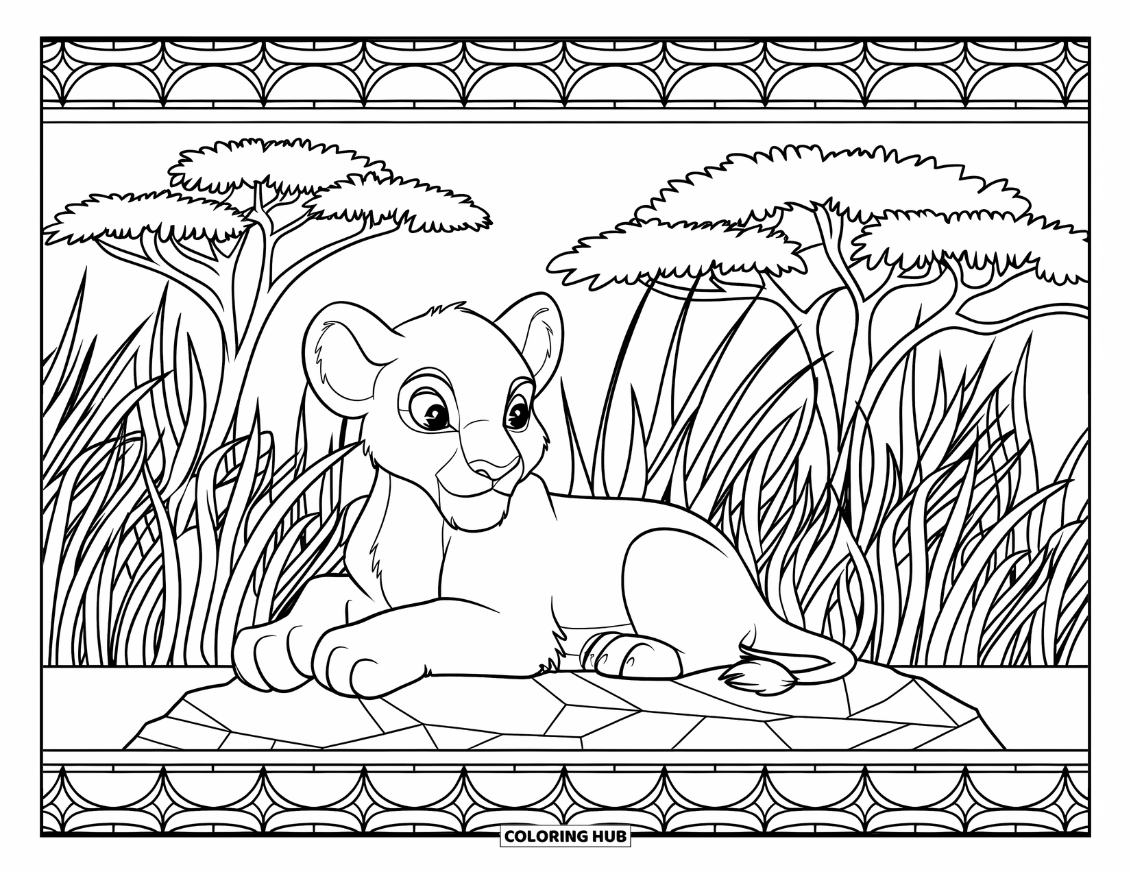 Lion Cub Coloring Page for Adults: A cub relaxes near a rock framed by acacia trees in stained glass style