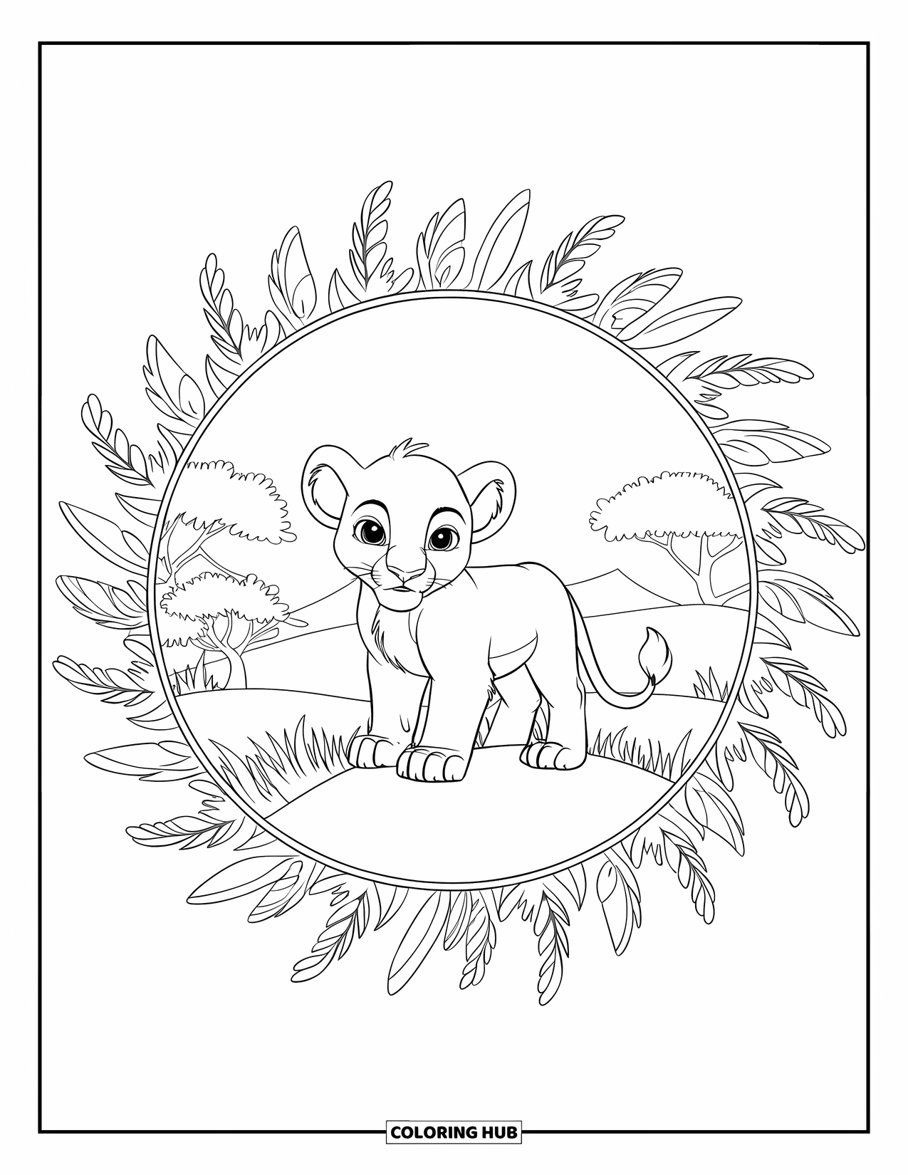 Lion Cub Coloring Page for Adults: A cub stands on a grassy hill with mandala patterns and mountain views behind