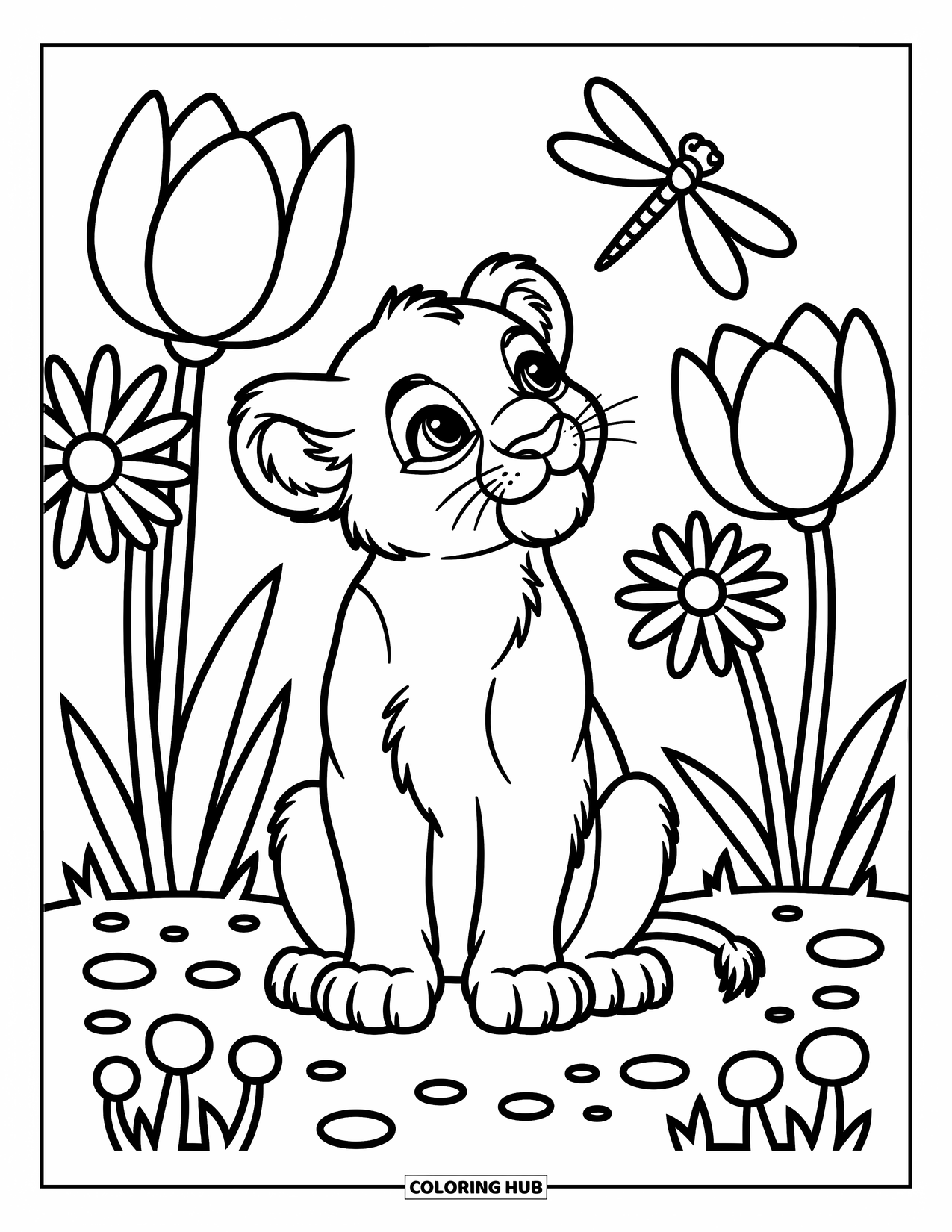 Lion Cub Coloring Page for Adults: A cub watches a dragonfly while sitting in flowers and mushrooms