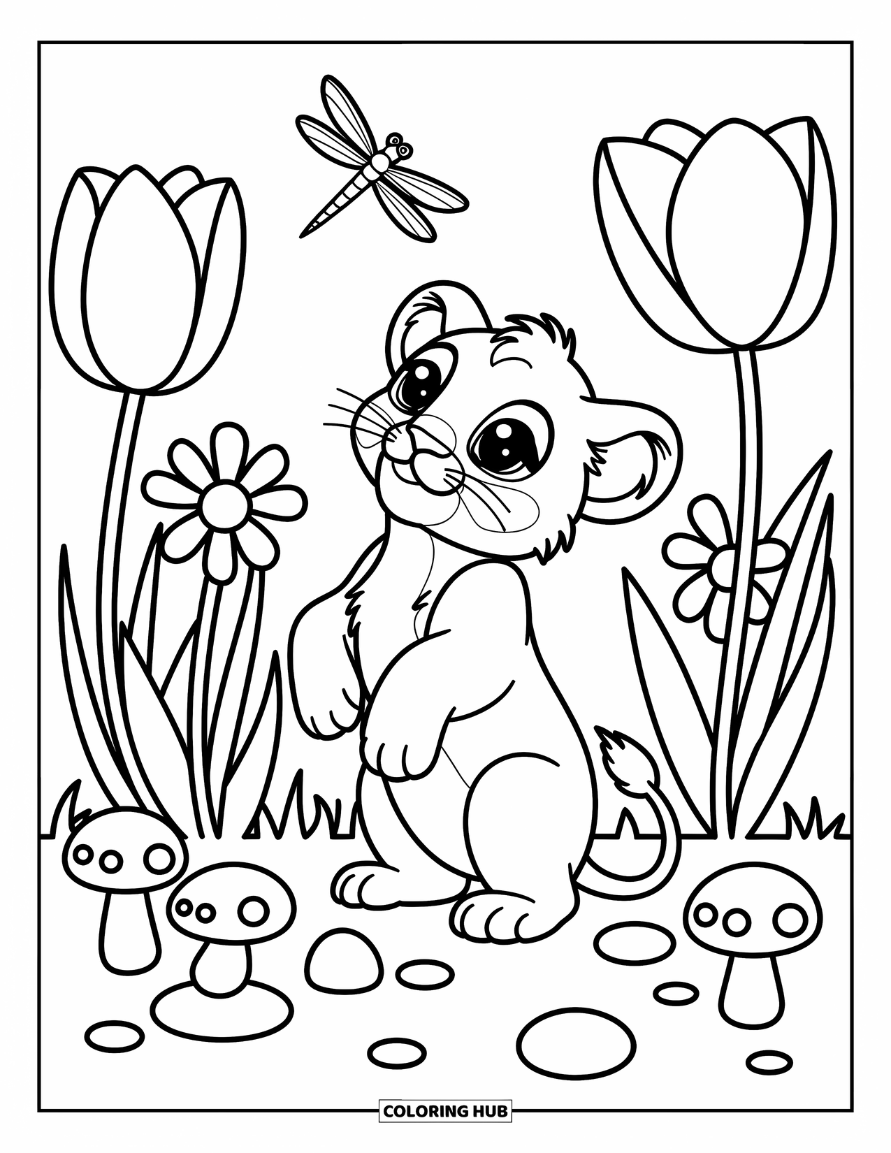 Lion Cub Coloring Page for Adults: A curious lion cub gazes up at a dragonfly among giant flowers