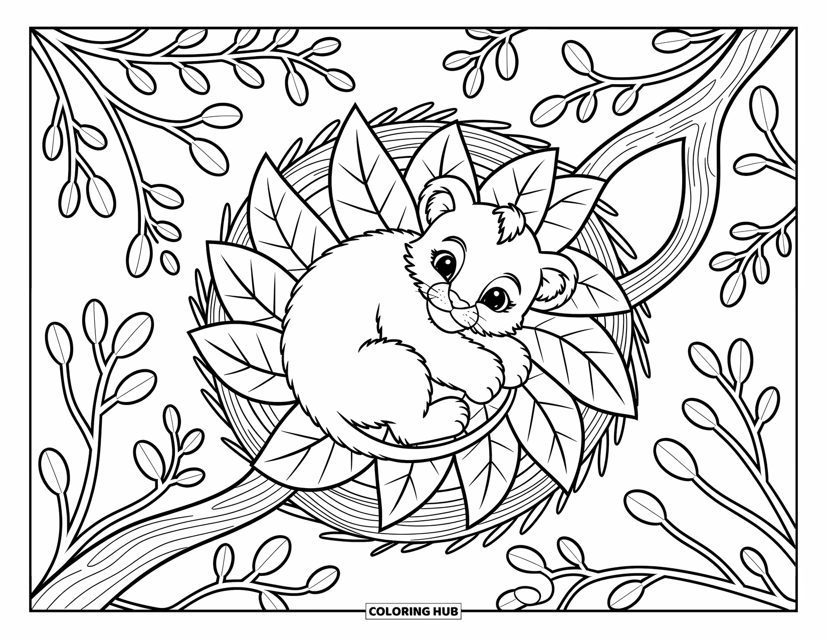 Lion Cub Coloring Page for Adults: A curled-up lion cub rests cozily in a leafy tree nest