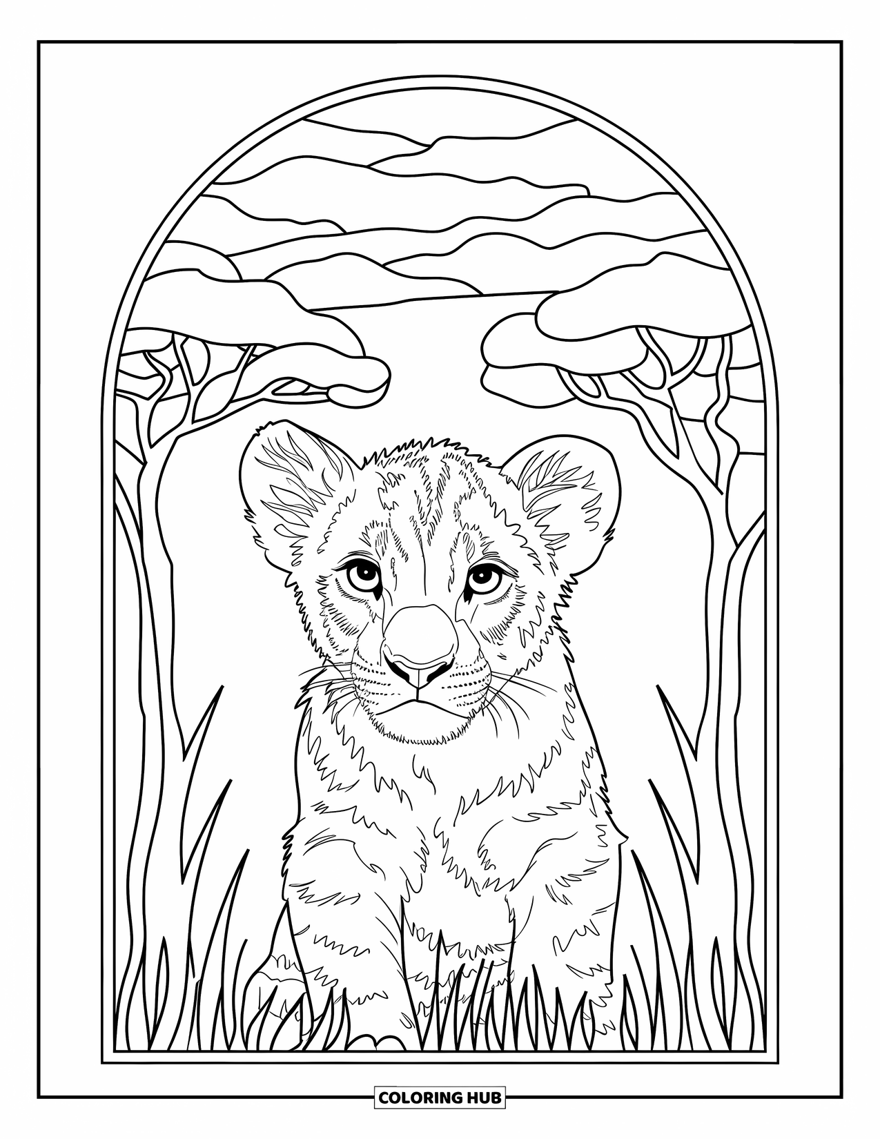 Lion Cub Coloring Page for Adults: A lion cub looks ahead, framed by stained glass trees and fluffy clouds