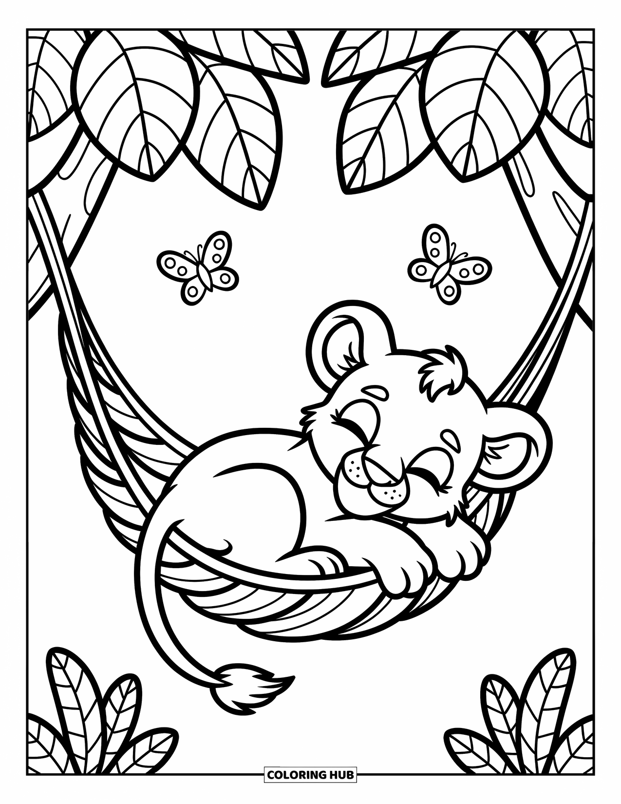 Lion Cub Coloring Page for Adults: A lion cub naps in a leafy hammock tied between trees with butterflies above