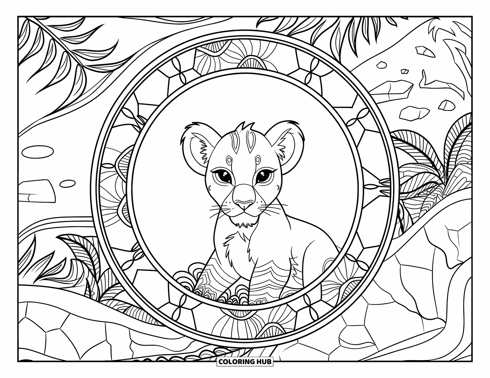 Lion Cub Coloring Page for Adults: A lion cub rests within a full-page mandala of safari plants and rocks