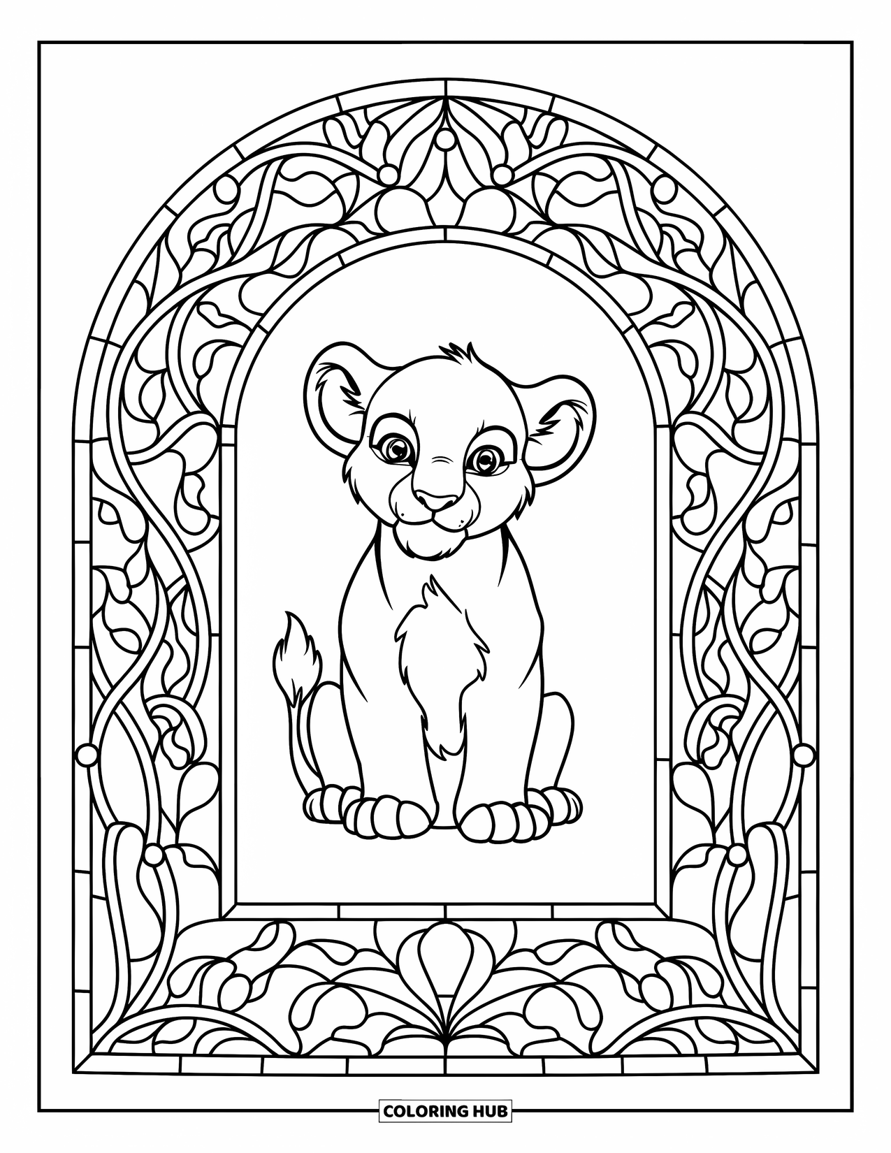 Lion Cub Coloring Page for Adults: A lion cub sits in a sunburst window filled with vines and stained glass leaves