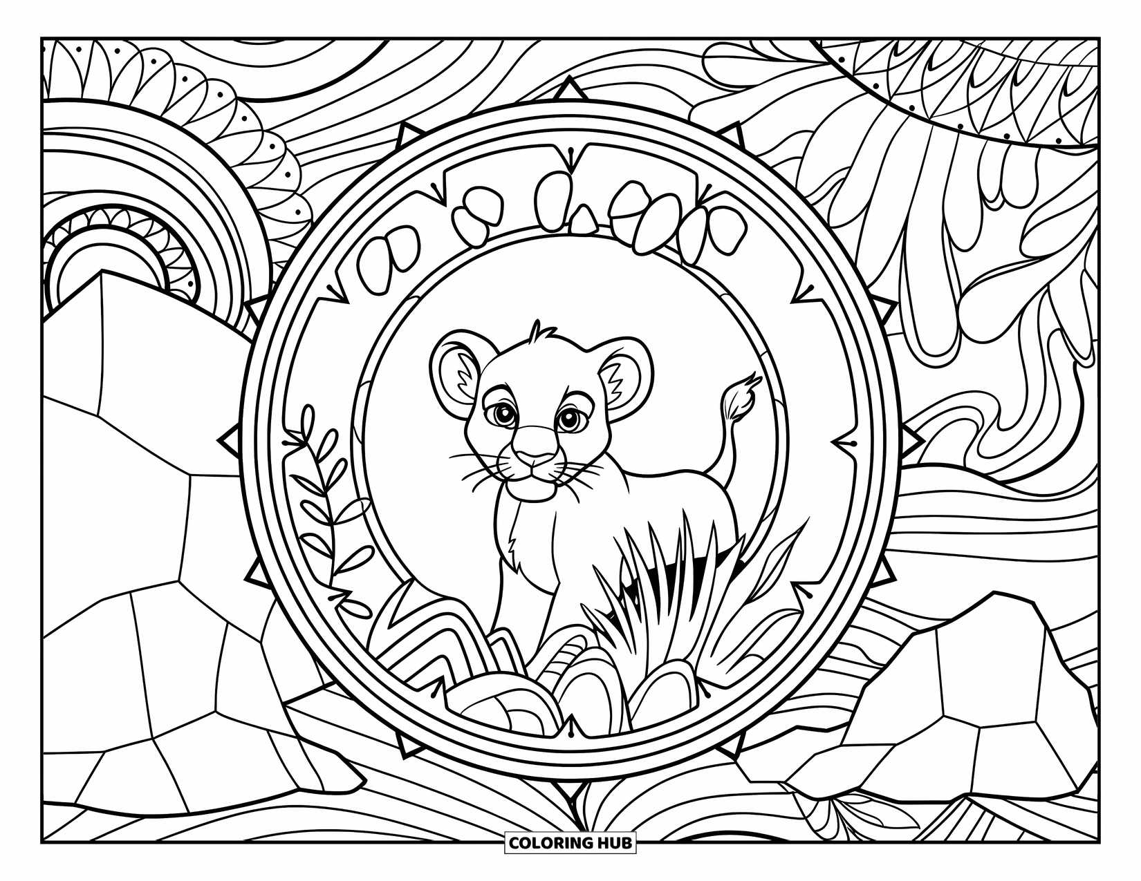 Lion Cub Coloring Page for Adults: A lion cub sits inside a mandala filled with safari plants and flowing lines