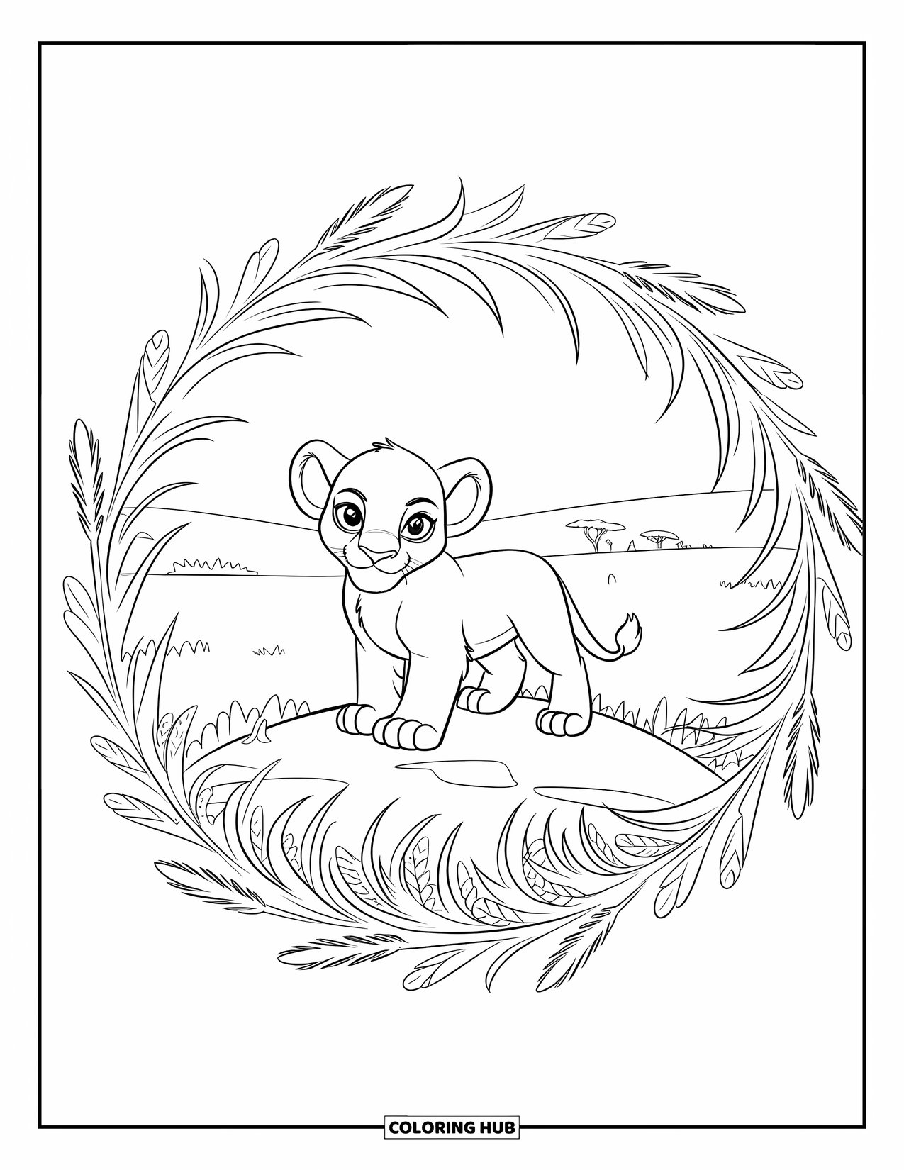 Lion Cub Coloring Page for Adults: A lion cub stands on a hill surrounded by a mandala and a peaceful landscape