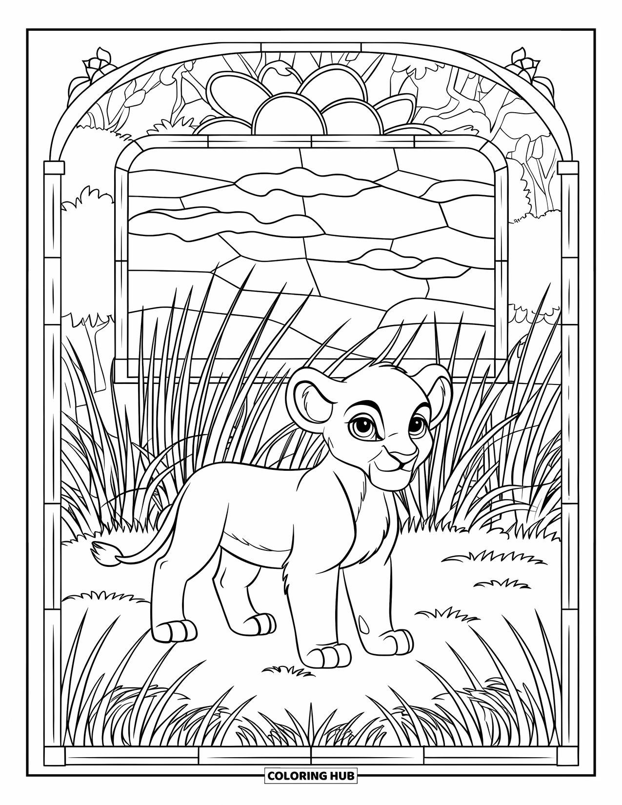Lion Cub Coloring Page for Adults: A lion cub stands on the savannah in front of a stained glass-style tree scene