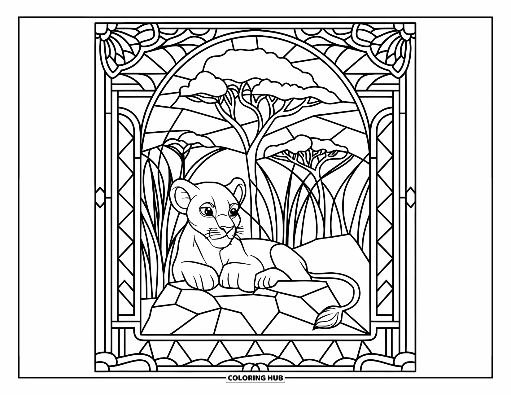Lion Cub Coloring Page for Adults: A peaceful cub rests near a rock surrounded by stained glass plants and trees