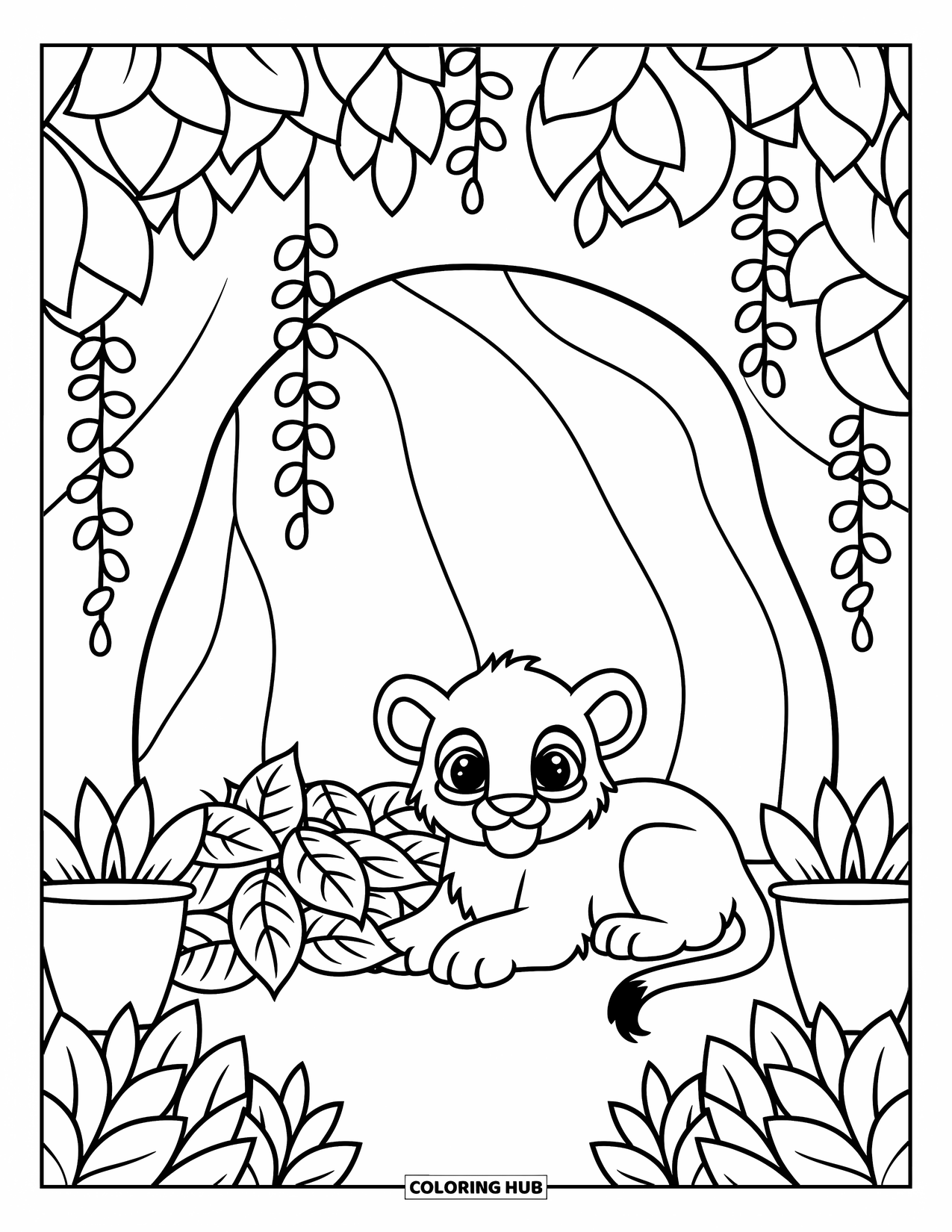 Lion Cub Coloring Page for Adults: A tiny cub rests near a jungle cave layered with leafy plants