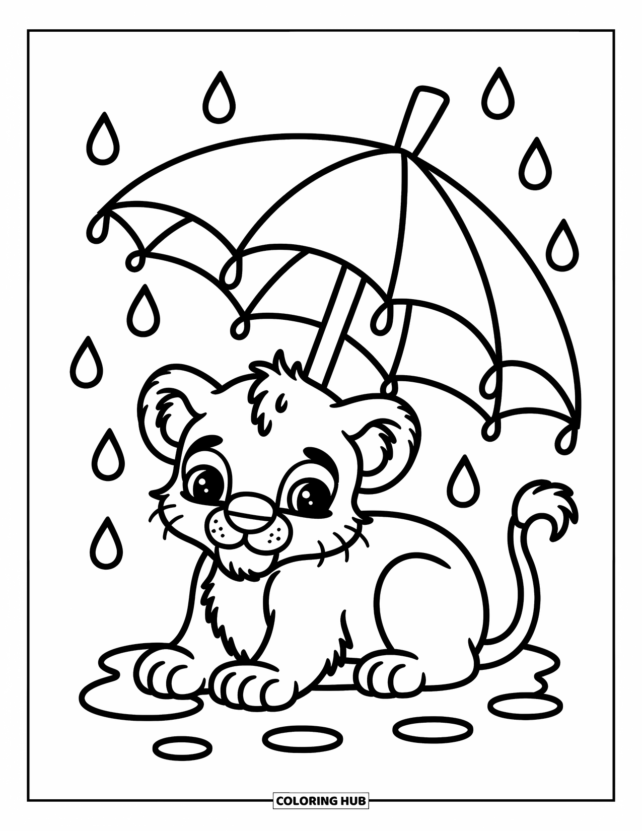 Lion Cub Coloring Page for Adults: A tiny cub snuggles beneath a banana leaf while raindrops gently fall