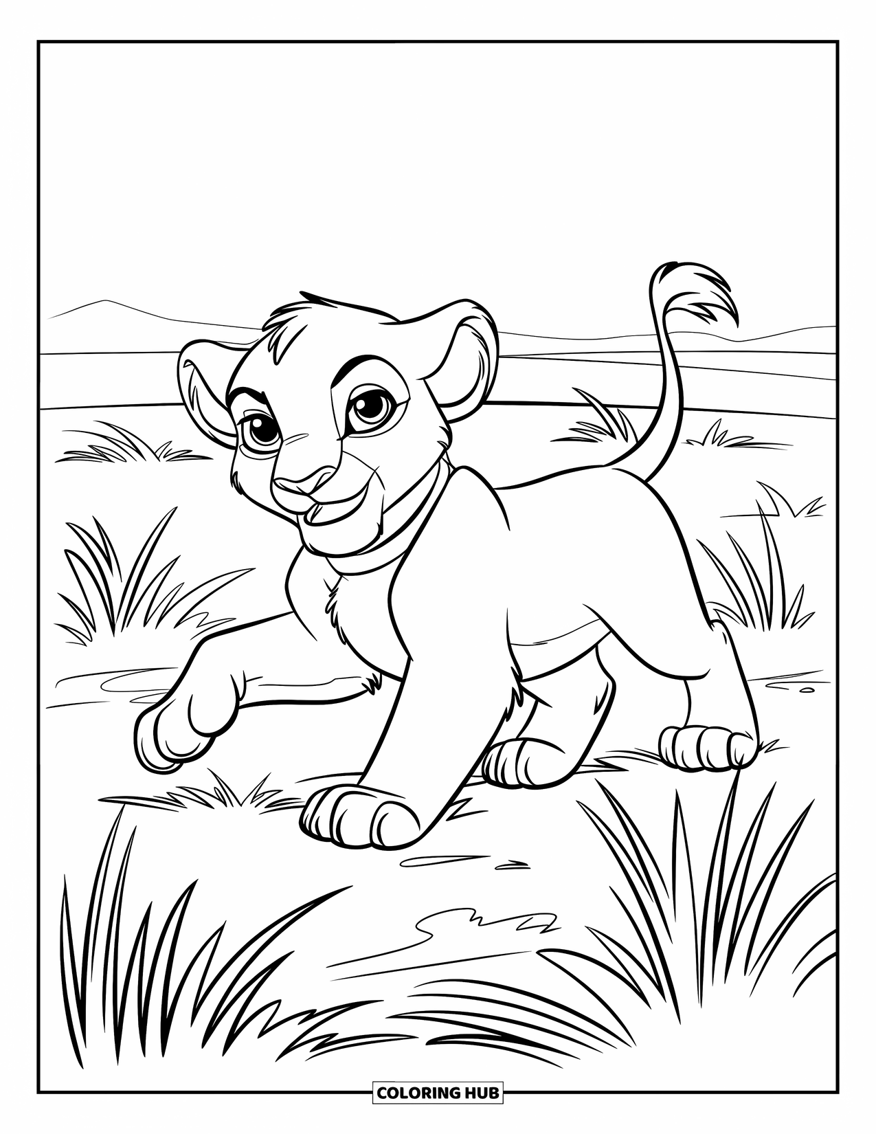 Lion Cub Coloring Page for Kids: A cheerful cub strolls through soft grass under a big open sky