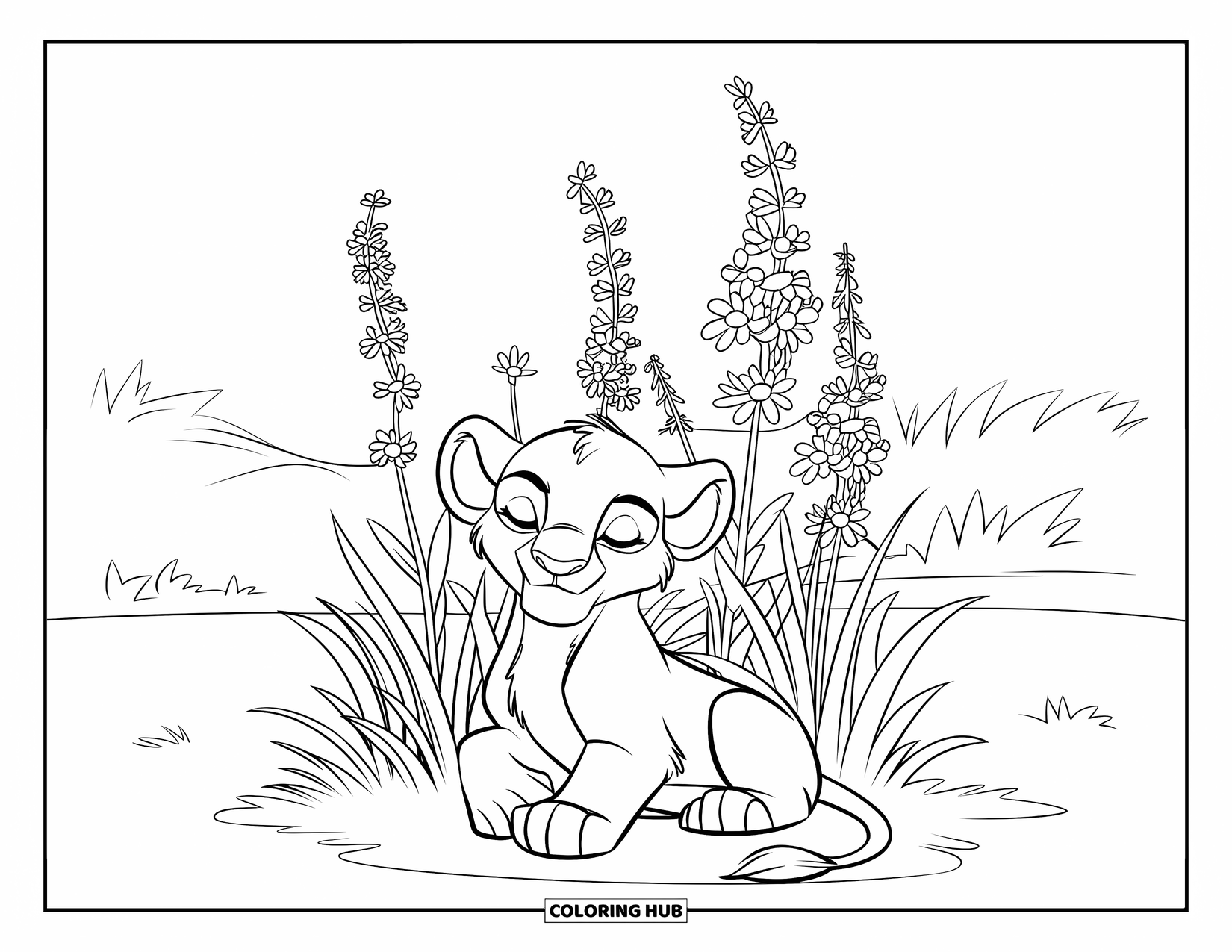 Lion Cub Coloring Page for Kids: A cub relaxes peacefully in a patch of tall swaying flowers