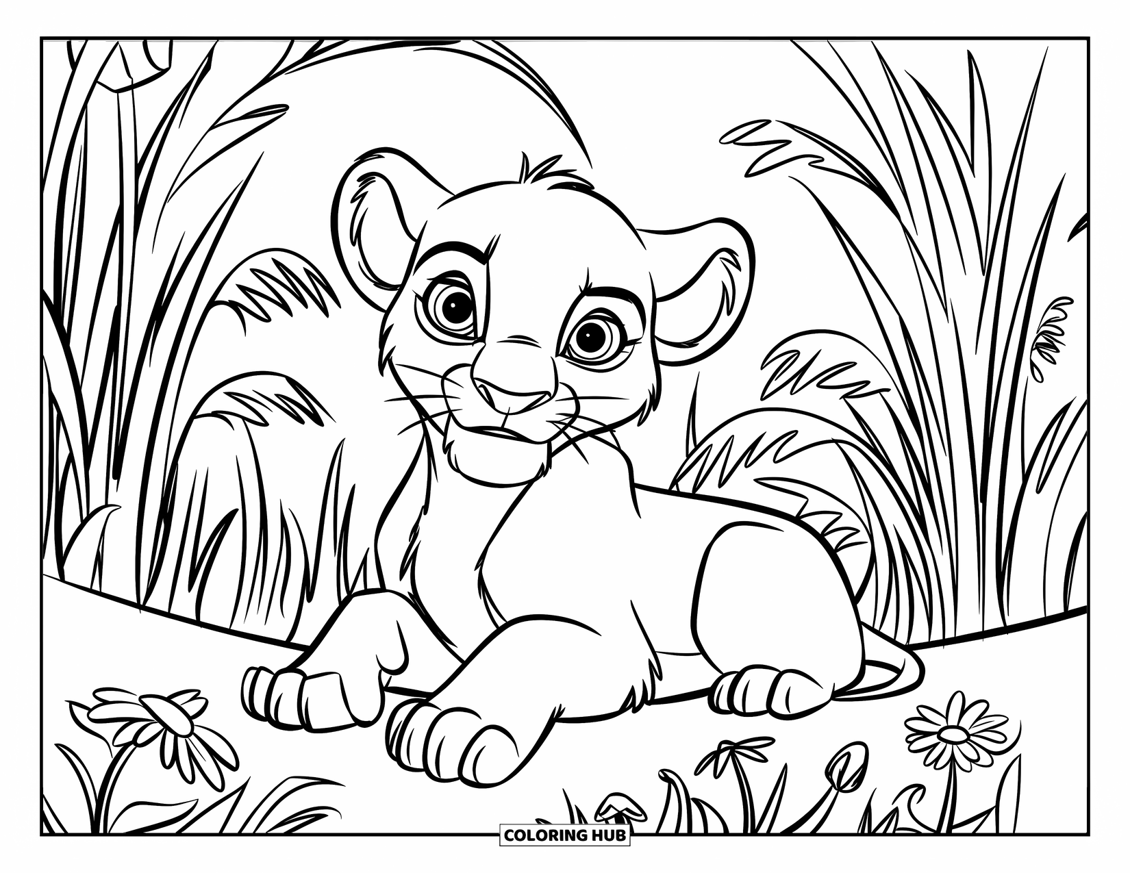 Lion Cub Coloring Page for Kids: A curious lion cub peeks out from colorful wildflowers and tall grass