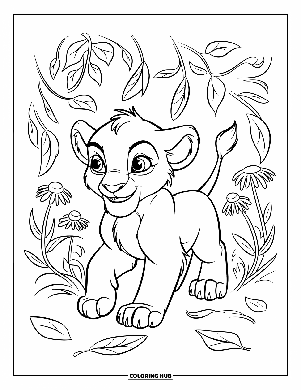 Lion Cub Coloring Page for Kids: A fluffy cub with a big grin strolls through autumn leaves