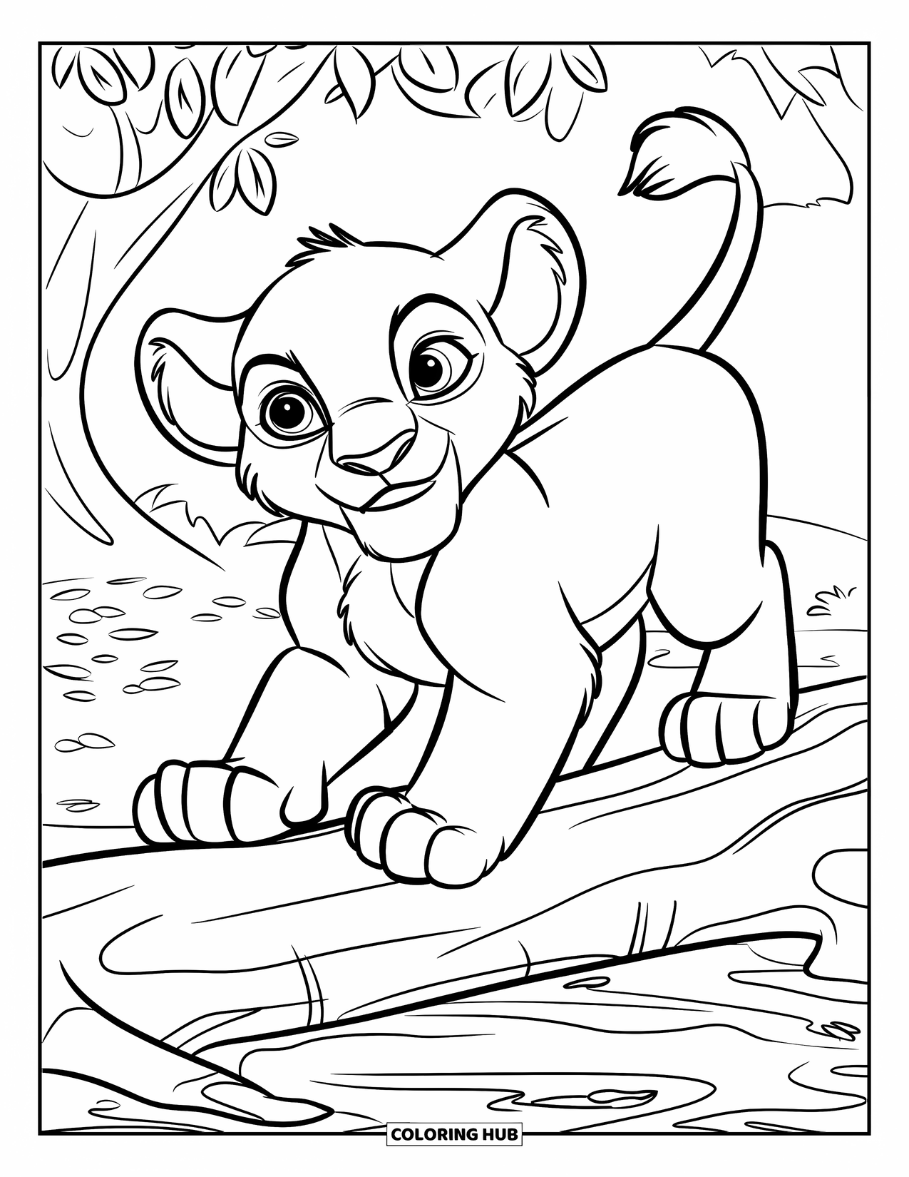 Lion Cub Coloring Page for Kids: A lion cub carefully balances on a log above a small stream