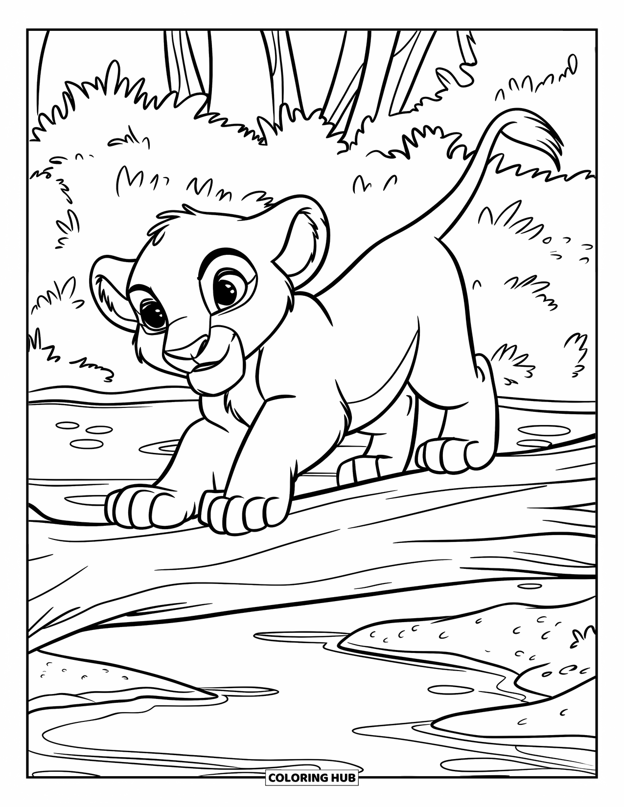 Lion Cub Coloring Page for Kids: A lion cub clings to a log stretched over a gentle stream